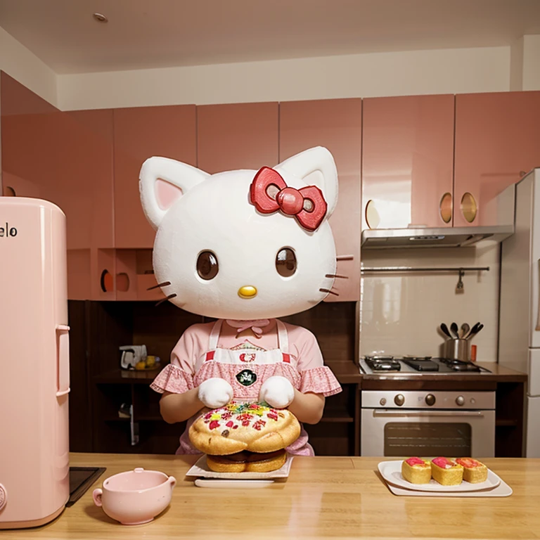 Quiero una hello Kitty en una cocina con una charola donde muestra desayunos