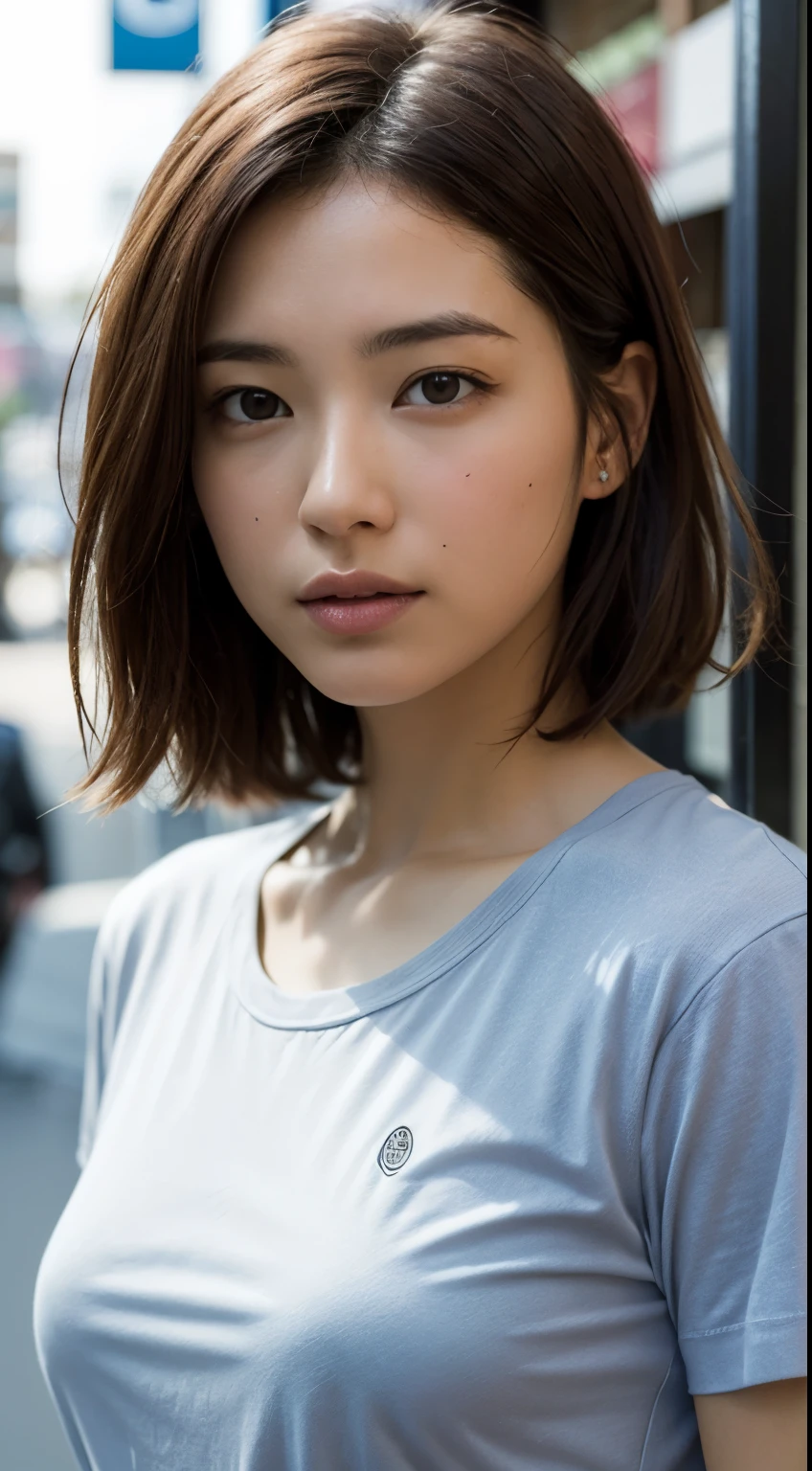 白いT-Shirts、(Photorealistic:1.4)、(hyper Realistic:1.4)、(Realistic:1.3)、(smooth lighting:1.05)、(映画の照明Improvement of quality:0.9)、32k、One Girl、20-year-old girl、Realistic lighting、Backlight、Facial Light、Ray-tracing、(Bright light:1.2)、(Improvement of quality:1.4)、(Highest quality real texture skins:1.4)、Finely grained、Detailed painted face、Quality Eyes、(tired, Sleepy and satisfied:0.0)、 Face close-up、T-Shirts、(Enhance the mood of your body line:1.1)、(Enhances the beauty of skin texture:1.1)、((fukada kyoko))、Downtown Tokyo、Opening a store、Izakaya、Japanese、No bra、T-Shirtsの下Nipples erect，Nipples erect
