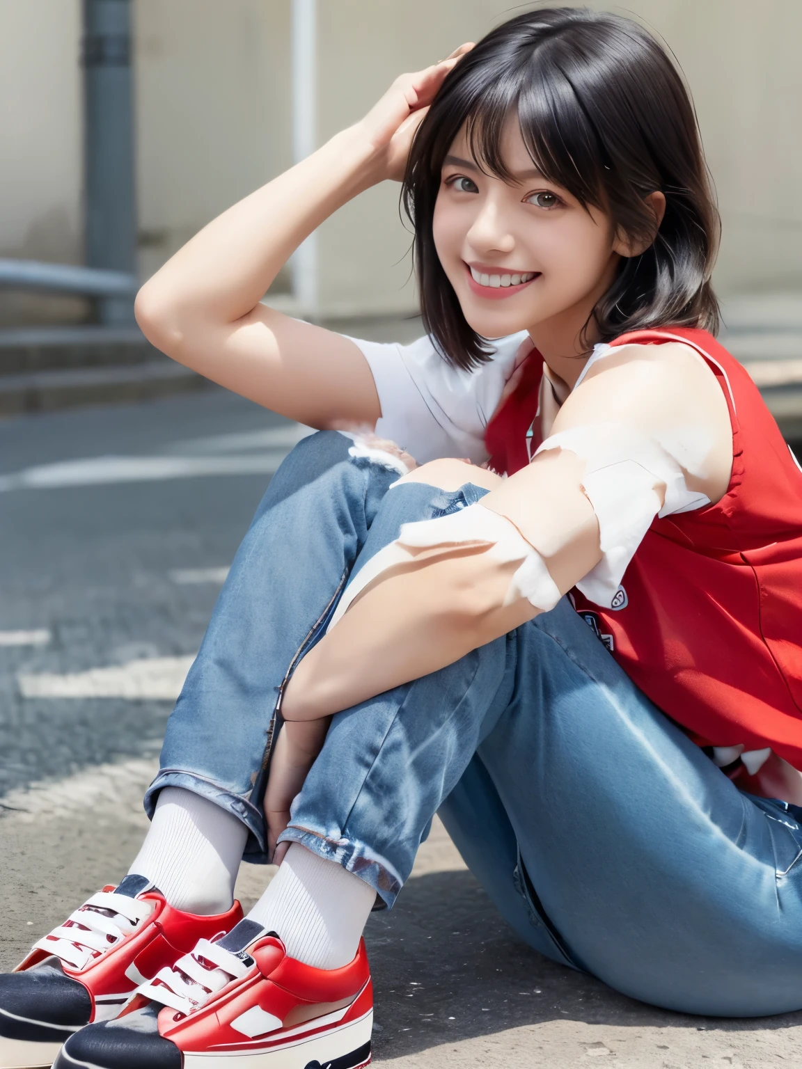 8k, Realistic, RAW Photos, highest quality:1.4), (Realistic face), (Black Hair、short hair、Beautiful Hairstyles、ear piercing、, smile、Beautiful teeth alignment、Beautiful little blue eyes, (Realistic skin texture), (Beautiful Skin),charm, Ultra-high resolution, Ultra-Realistic Skin, (Natural light)、Golden Ratio, ((smile)), ((full body shot)), (((Red trainer)))、((Skinny jeans、sneakers) Putting on socks、Sitting on a chair