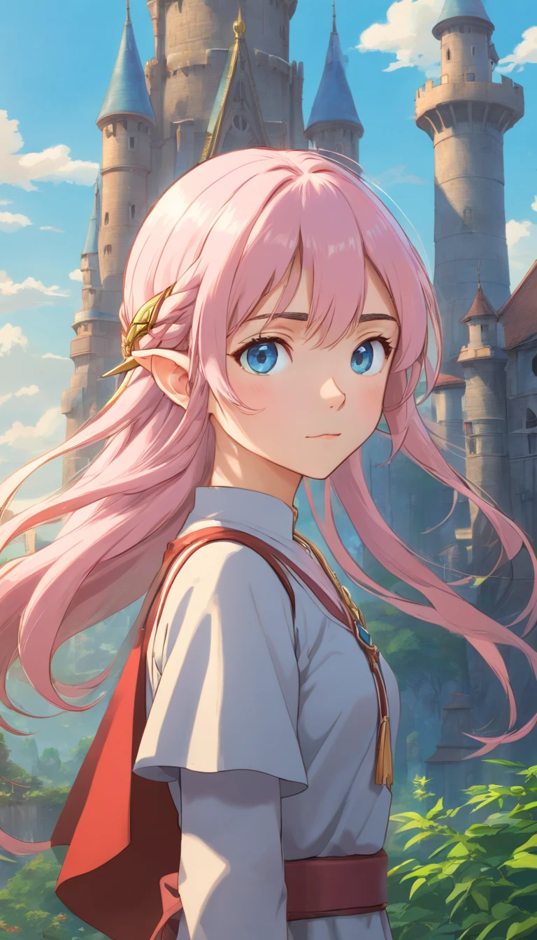 RAW, professional photograph, medium shot, photorealistic, hyper-realistic, ray tracing, super detail, UHD, 8k, female elf, twenty years old, goddess, gold jewelry, athletic body, soft facial features, long hair, straight hair, light pink hair, blue eyes, gothic style, dark Castle, gothic architecture