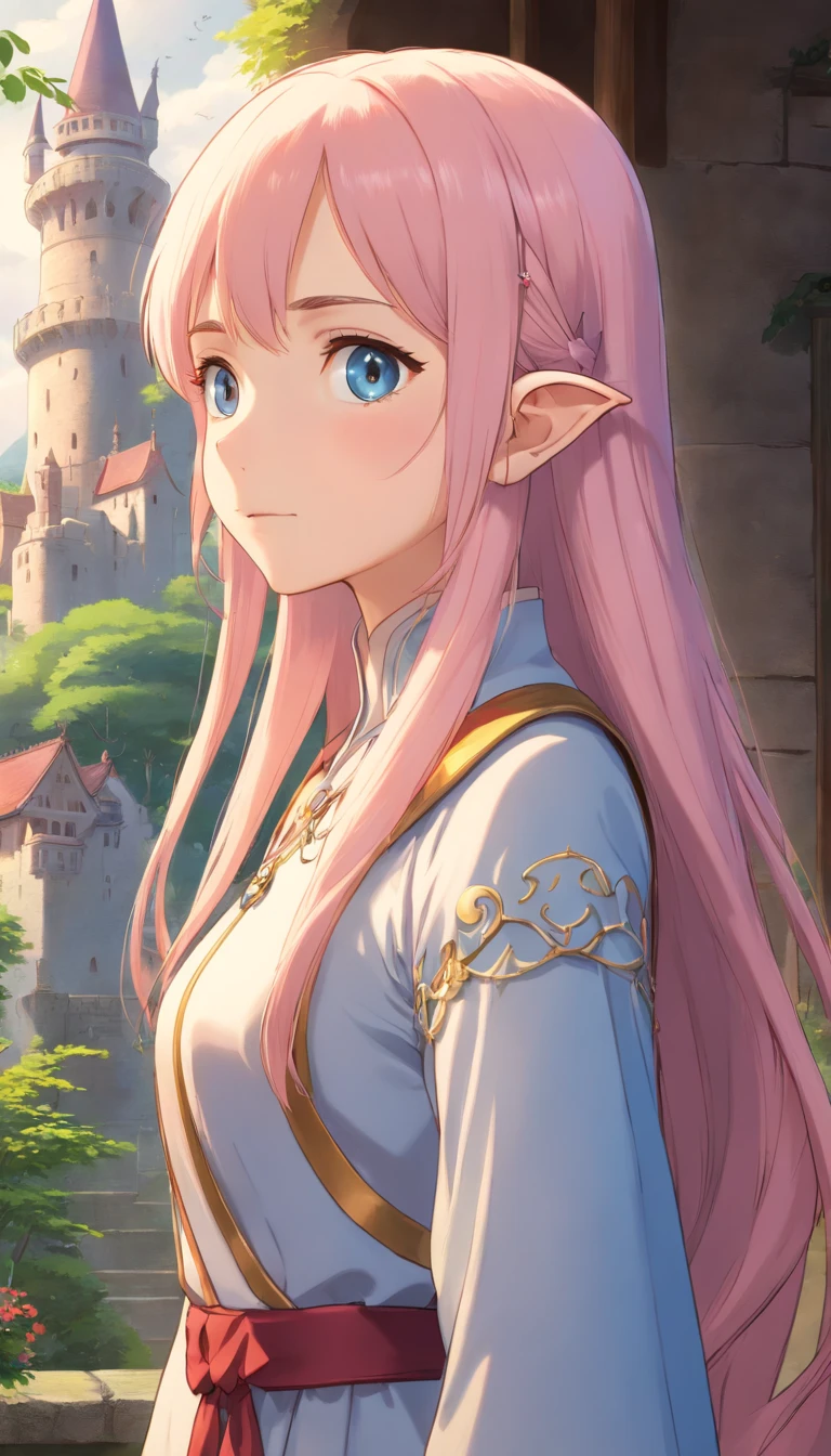 RAW, professional photograph, medium shot, photorealistic, hyper-realistic, ray tracing, super detail, UHD, 8k, female elf, twenty years old, goddess, gold jewelry, athletic body, soft facial features, long hair, straight hair, light pink hair, blue eyes, gothic style, dark Castle, gothic architecture