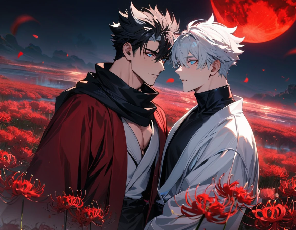 absurdres, highres, ultra detailed, HDR, master piece, best quality, perfect face, Sakata Gintoki, white hair, expressive red eyes, Gintama, Hijikata Toshiro, black hair, expressive dark blue eyes, two men together, gay couple, yaoi, handsome, toned chest, white kimono, black kimono, patterns, magical, fantasy, red background, red lotus, shining, red petals, red glittering butterflies