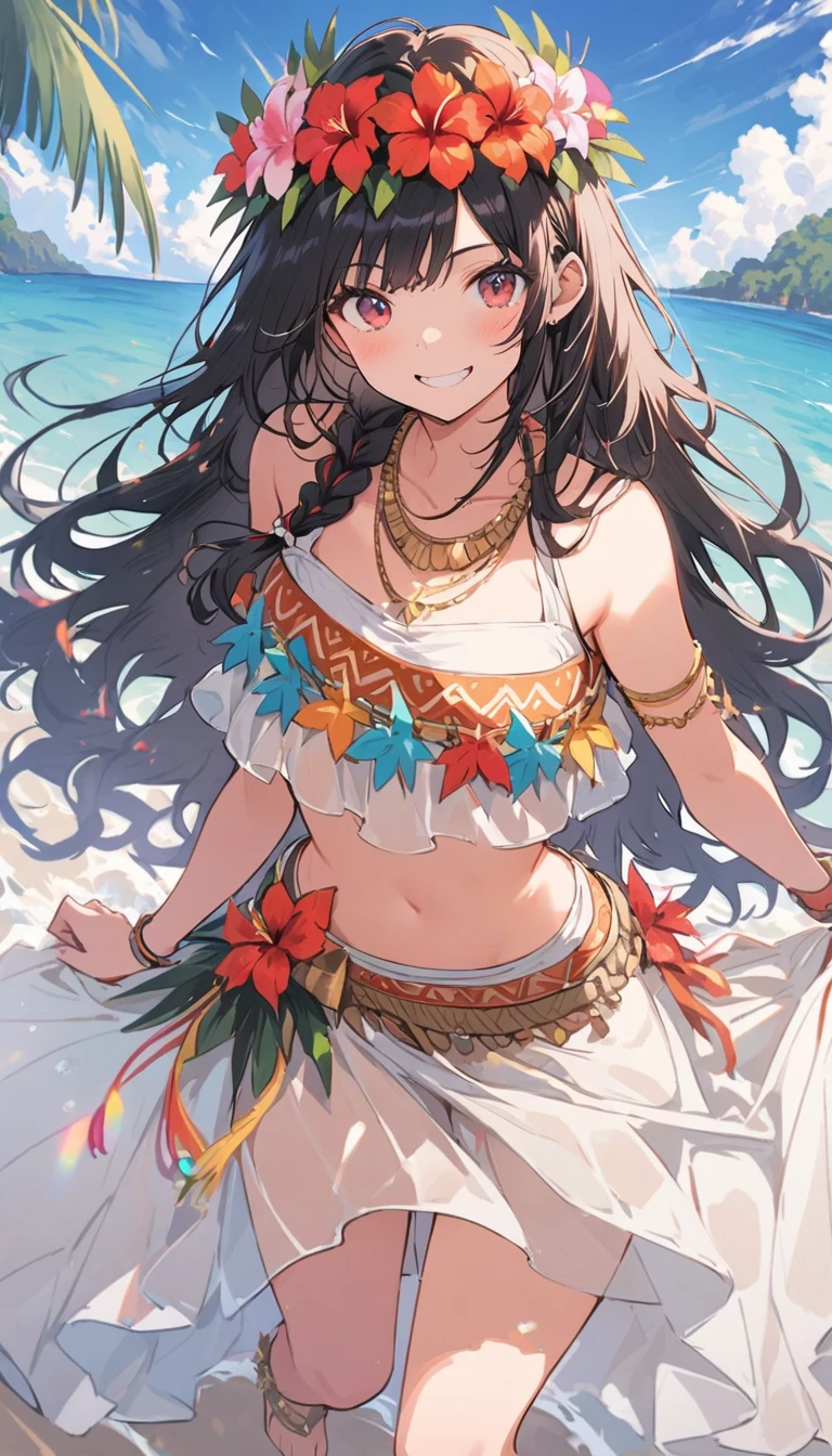 Highest quality, masterpiece, High resolution, alone, {hikari_Pokemon:1.15}, length_hair, hair_ornament, beanie, white_HeaDwear, hairclip, No sleeve, smile, green_eye, eyelash, blush, black_hair, green_hair, Open_mouth, gray_eye, 1score_9、score_8_up、score_7_up、score_6_up、Source Anime、1 girl、独奏、Perfect Face、Perfect Eye、Cute Face、Sexy Girls、Enchanting、Beautiful eye、 body、Shiny skin、Wide Hips、 Breasts、Balcony along the coast、Beachfront Weathered Wood Furniture、Nautical themed decor、Refreshing linen curtains fluttering in the sea breeze、A collection of shells and driftwood lined up on a shelf、And the sound of the waves lulls me to sleep、Skin dents、Chest slippage、Smooth and straight cottage、jade、bohemian chic summer outfits: Flowing maxi skirt、cropped bohemian blouse、Fringe sandals、Beaded Bracelet、Tassel Earrings、Round ass、Turn your back on the viewer、Reach out to your audience、Grin、Raise one eyebrow