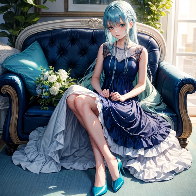 Blue dress,pumps,Bag in hand,Calm,Ladylike,quiet,Adult women,Light blue hair,Long Hair,Light green eyes,Clustered small flowers,Sit on the sofa