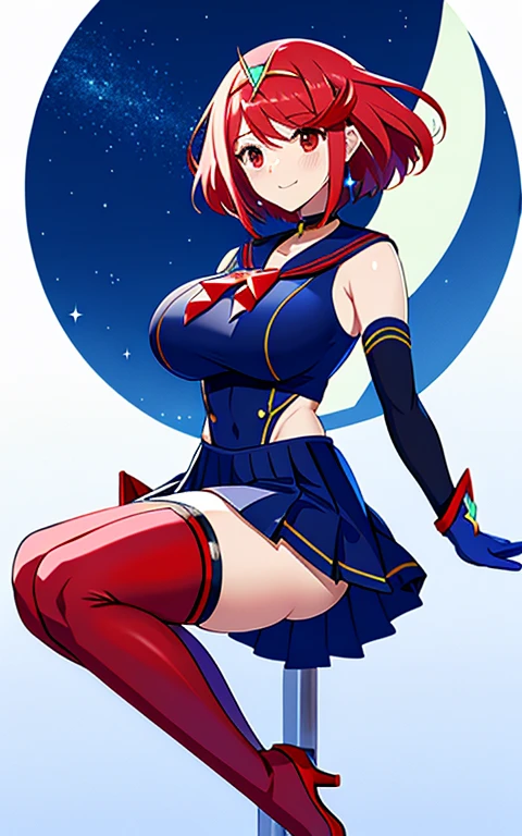 masterpiece,best quality,pyra,\(xenoblade\),xenoblade chronicles \(series\), (xenoblade chronicles 2),1girl, bangs, breasts, red eyes,earrings, eyelashes, gloves, floating hair, gem, gloves, hair ornament, headpiece, jewelry, huge breasts, huge thighs, narrow waist, wide hips, thick thighs, curvy, leaning back, leotard, neon trim, official art, red hair, saitou masatsugu, short hair, skin tight, solo,swept bangs, thighhighs, tiara, miniskirt, choker, bow, crescent earrings, starry sky, knee boots, red choker, white gloves, moon, red bow, sky, magical girl, elbow gloves, star (symbol), sailor senshi uniform, crescent, crescent moon, blue sailor collar, smile, gloves, sailor collar, blue skirt, red footwear, skirt, pleated skirt vambraces,various pose, unity,8k wallpaper