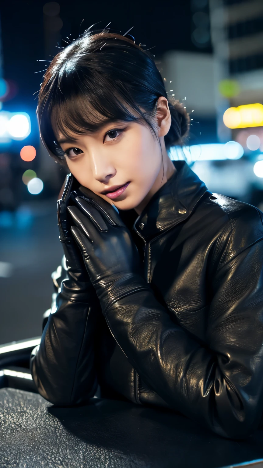 black leather rider jacket, Office in the Dark, Black leather gloved fingertips on both hands,Wearing black leather gloves,Sitting in a black leather chair、 Japanese female new recruits (Black leather gloves cover both hands) (The angle is horizontal)、Black Leather Pants,Black Leather Black Leather Pants,Black Leather Skinny Pants、Long black leather boots on both feet、Black hair ponytail ((He wears black leather gloves on his hands))Full Body Photo,full body shot full body full body leather suit,☺If you turn in this direction。Wearing black leather gloves,Wearing black leather gloves,Wearing black leather gloves,Wearing black leather gloves,Wearing black leather gloves,Wearing black leather gloves,黒のレザーパンツが美しい😍黒のレザーパンツが美しい😍黒のレザーパンツが美しい,😍Smiling while looking at me,City lights、((Neon Cyberpunk City Street:1.3))、(Neon Light)、Detailed lighting、

Best image quality、Ultra-high resolution、(realism:1.4)、Korean Beauty Star、The most beautiful KPOP stars、face、Horny Korean Makeup、A body that makes you want to touch it、Realistic leather texture、Costume made of smooth leather fabric、The drape of the curved parts of the leather fabric、The costume has a strong shine、costume quality、8K Photo Quality
