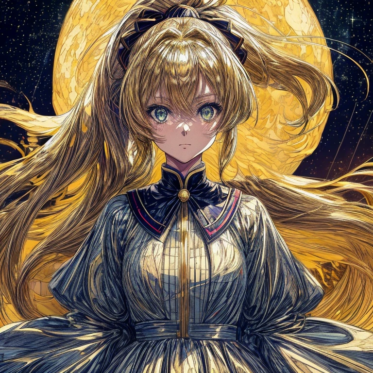 Masterpieces, high quality, anime, 2D, female, yellow golden hair, 2long ponytail hair, blue eyes, white dress, sweet face, the most pretty girl, starry night sky with big full moon background, field of roses