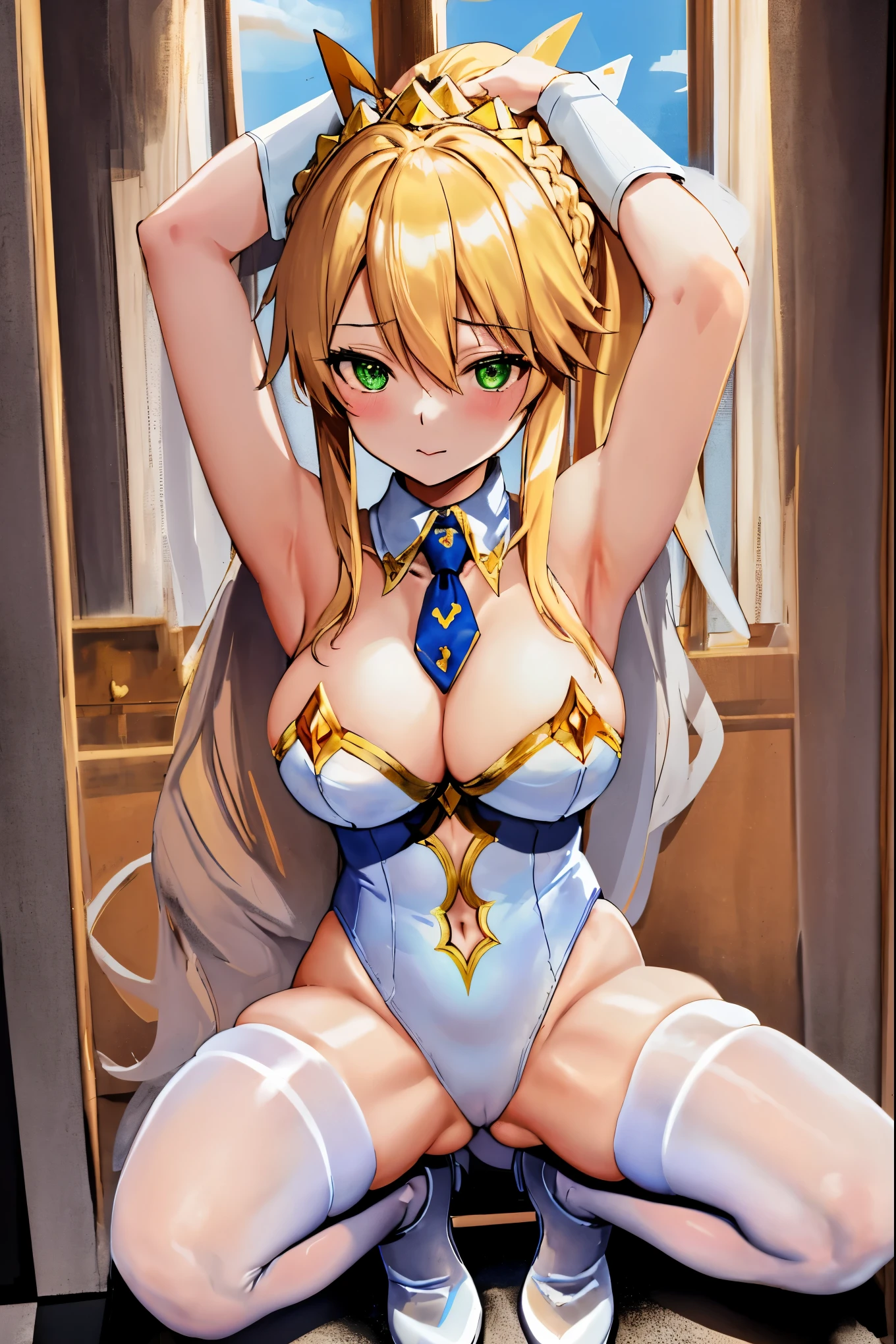 masterpiece, best quality, absurdres, looking at viewer, (light_smile:0.6),
1girl, ahoge, rabbit ears, playboy bunny, artoria pendragon \(swimsuit ruler\) \(fate\), large breasts , blonde hair, green eyes, french braid,  pony tail
bare shoulders, large breasts , cleavage,
clothing cut out, wrist cuffs, detached collar, cutout, feather boa,
white leotard, blue necktie, blue pantyhose, single thigh strap, hands_above_head,(squat:1.3),(spread_legs:1.3),rabbit_pose,solo,stretch_fingertips