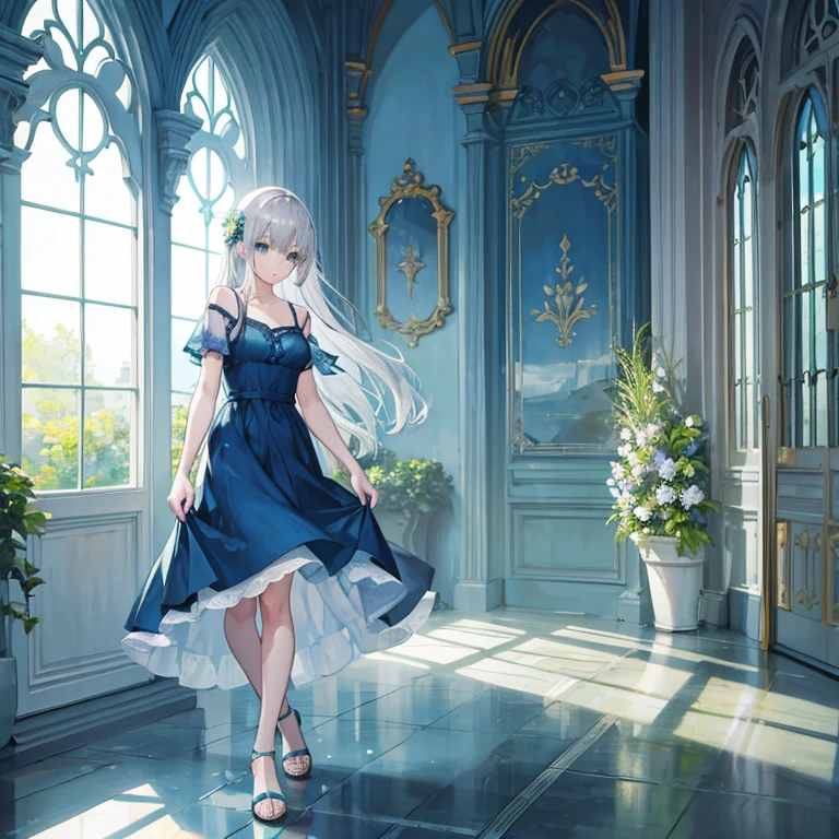 Blue dress,Sandals,Calm,Ladylike,quiet,Adult women,Silver Hair,Long Hair,Light green eyes,Clustered small flowers,indoor
