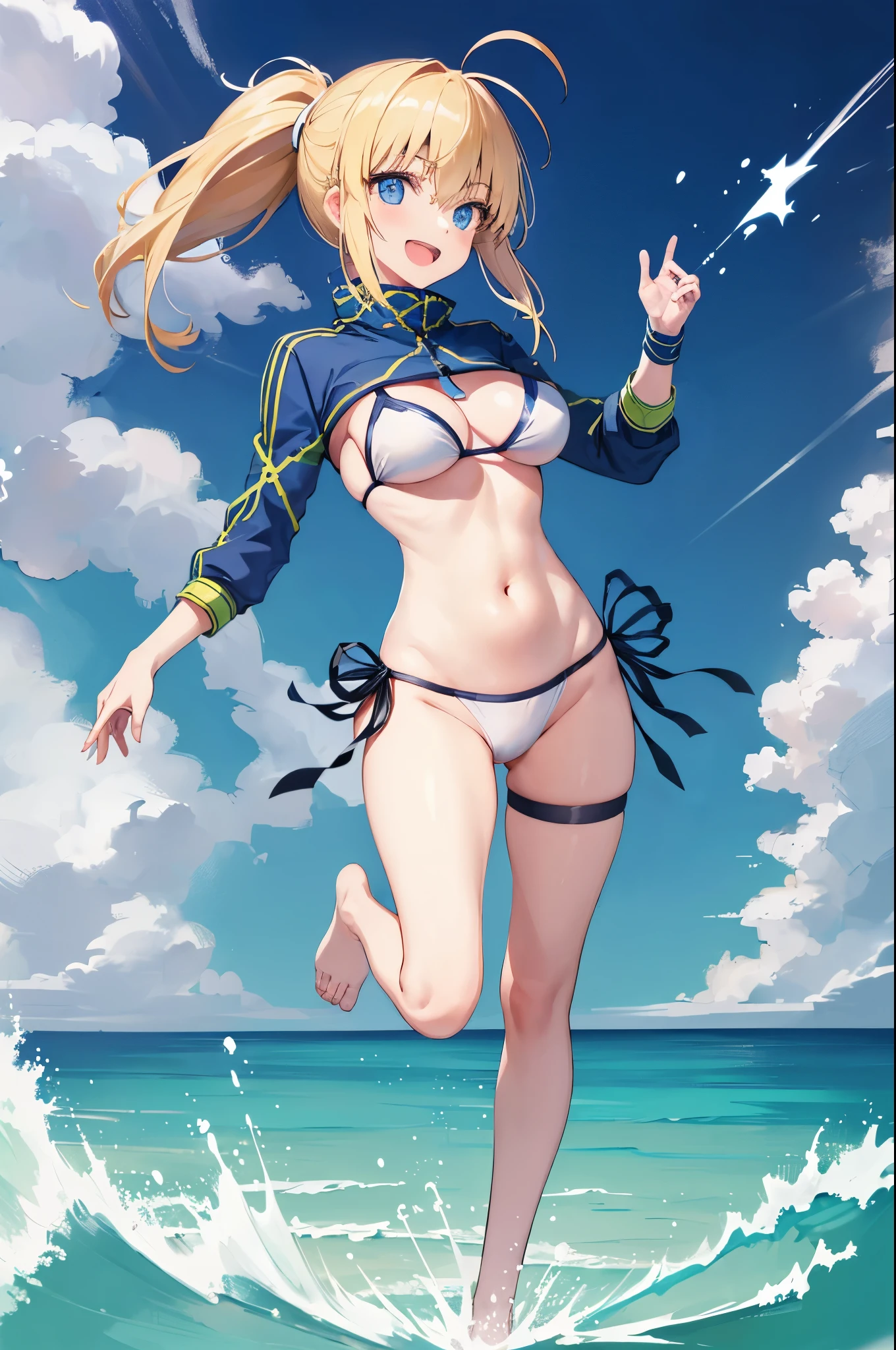 masterpiece,(ultra-detailed),1girl, mysterious heroine xx \(fate\), half_eyes,smile,open mouth, swimsuit, white bikini, side-tie bikini bottom, shrug \(clothing\), jacket, thigh strap, wristband, large_breasts, ocean, splashing,blonde_ponytail,open_legs,cap,happiness,standing,