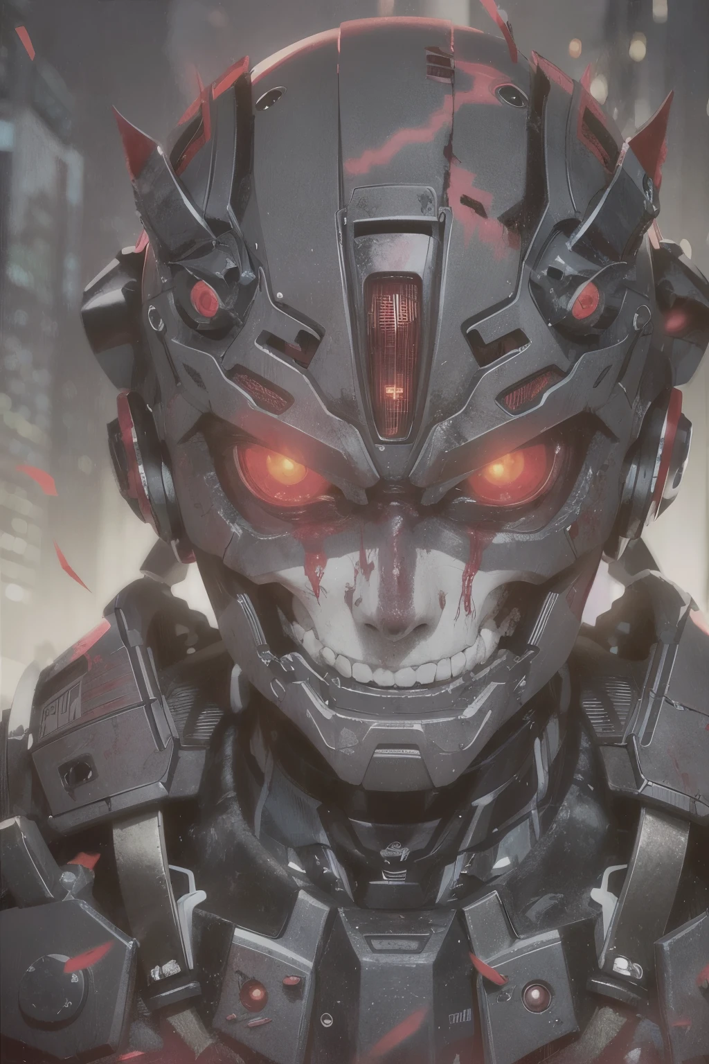 a close up of a super mecha with a bloody face and red eyes, with glowing red eyes, with red glowing eyes, red glowing eyes, portrait demon half human, red eyes glowing, glowing red eyes, cyborg zombie, scary look, portrait of a zombie, with red eyes, zombie with white eyes, evil zombie, red - eyed, red-eyed