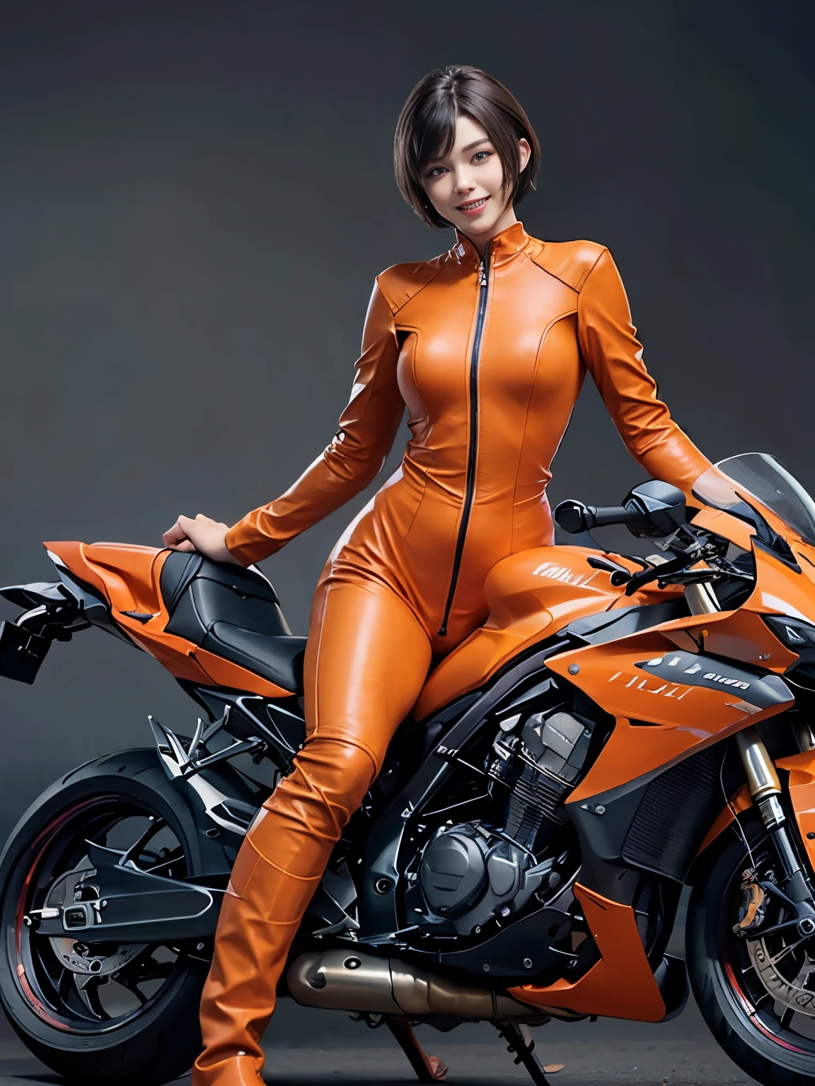 (Realistic:1.5), (Realistic:1.4), 8k, Ultra-high-definition beauty 1 person, Exquisite body detailing, (highest quality: 1.0), (Super sharp cutting edge: 1.0), (Beautiful and delicate depiction of eyes), ((((Riding a motorcycle)))), Unreal Engine:1.4, photoRealistic:1.4, Skin Texture:1.4, masterpiece:1.8,highest quality at best, ((full body shot))、(((Orange leather jumpsuit and racing boots)))、Long limbs、(((smile)))、((short hair))