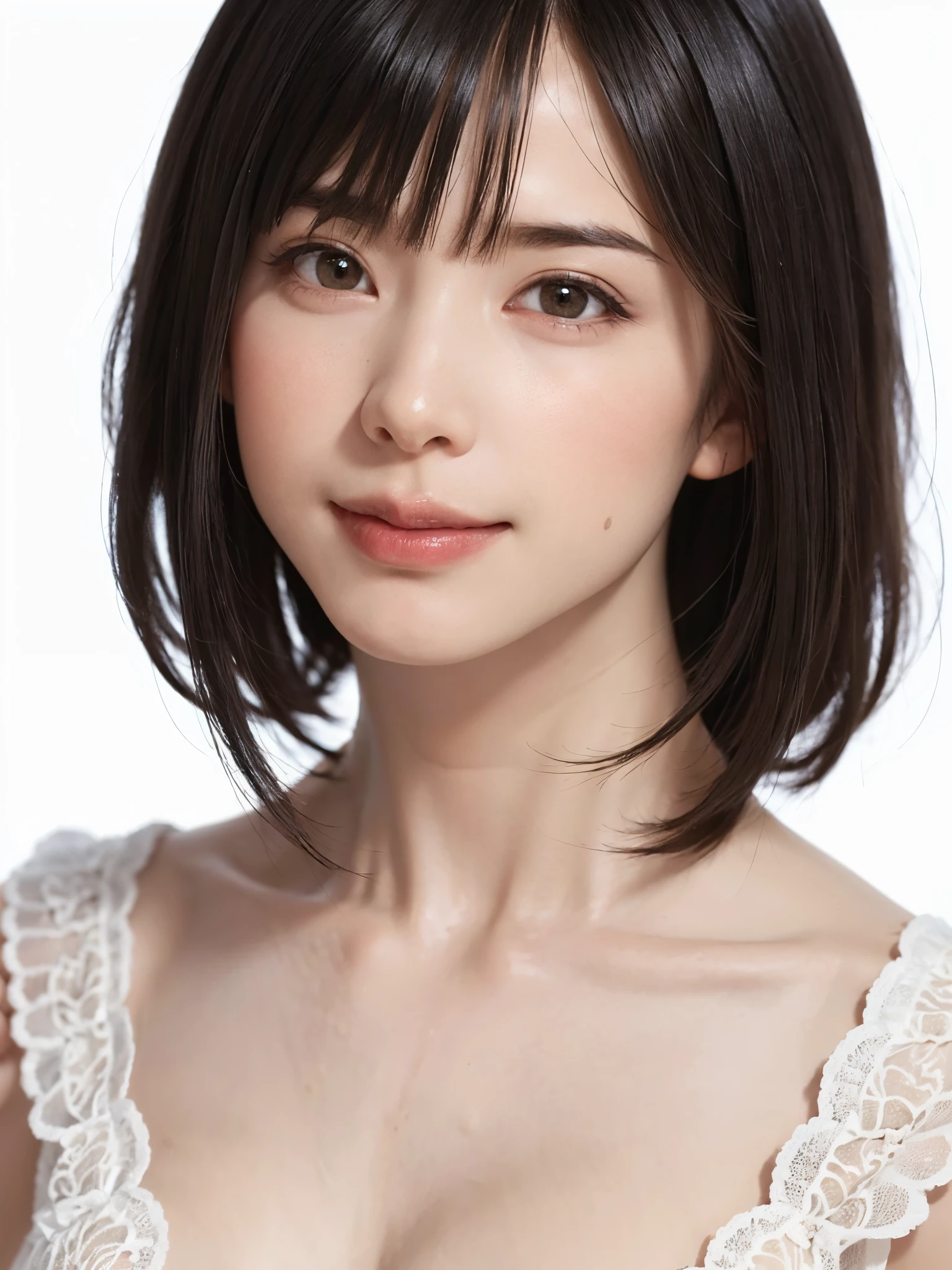 1 girl, alone, Shiny skin, chest, very detailed, ultra detailed, Ultra-high resolution, whole body, (フォトrealism:1.6、Put out your ears), (highest quality), (Best Shadow),realism:1.6 details, Perfect lighting, Black Hair, ((Showpiece, highest quality, High precision、Beautiful face in symmetry、golden ratio、Ultra high definition)), One Girl, (big chest, Realistic: 1.4), (look up at the camera even a little, カメラをlook up, look up, look up at the camera, Looking into the camera))), alone, , White Background, snow-White Background, shut up., smile, pretty Black Hair, short hair, Big eyes, Transparent double eyelids, eyelash, listen, Long neck, Long neck, Absolute area, ((Face close-up, short hair with bangs)), 19 years old, Attractive proportions, Shiny skin, Beautiful clavicle, Golden ratio face, Perfect Face, Teardrop-shaped mole, chestのほくろ, bangs, clean bangs, beautiful bangs, Lip gloss, Thin lips, White skin, I took off my clothes, big chest, Small face, Small face, 少し上を向いてLooking into the camera, ((smile a little for the camera, really nothing pure White Background, very big big chest, big chest))