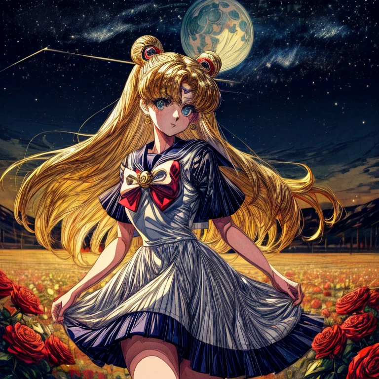 Masterpieces, high quality, anime, 2D, sailor moon, female, yellow golden hair, blue eyes, white dress, sweet face, the most pretty girl, starry night sky with big full moon background, field of roses