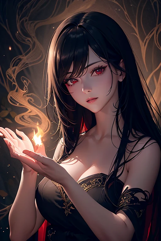 (best quality,4k,8k,highres,masterpiece:1.2),ultra-detailed,(realistic,photorealistic,photo-realistic:1.37),ahri,black hair,red cloth,black cloth,beautiful detailed eyes,beautiful detailed lips,extremely detailed eyes and face,long eyelashes,anime,portrait,vivid colors,wispy hair,traditional Korean-style clothing,soft lighting,stand in a moonlit forest,subtle glow of magic,flowing movement,dark and mysterious atmosphere,enchanted forest,delicate floral patterns,wisps of smoke,breathtaking beauty,graceful gestures,playful and seductive expression,ethereal,red accents,contrast of black and red,long flowing hair