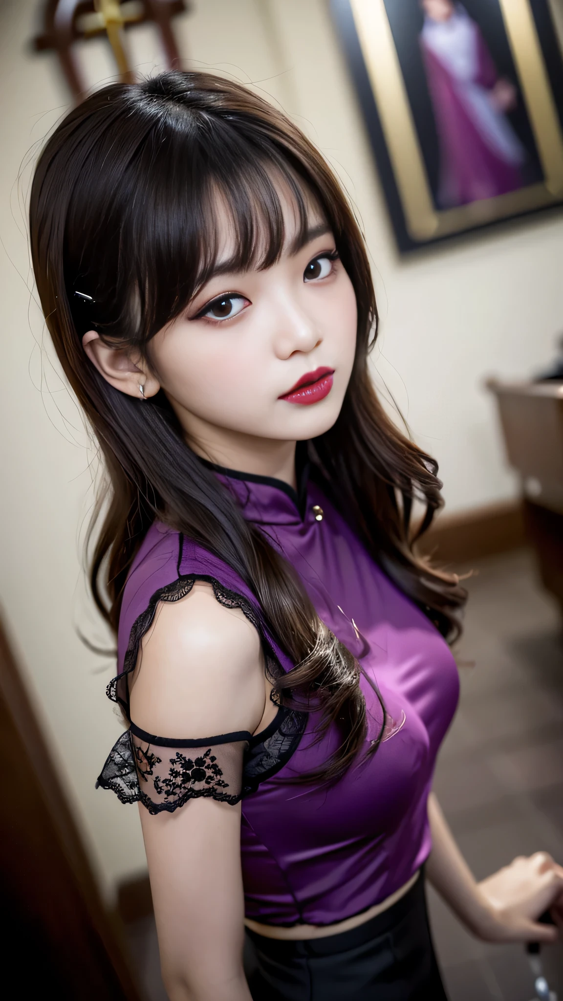 tra-detailed、Japanese、Attractive beauty、seductive adult woman、Pretty Woman、cool girl、brown hair、wavy hair、swept bangs、piercing eyes、hollow eyes、half-closed eyes、Hollow Eyes、Purple Eyeshadow、black lipstick、black lip gloss、dark makeup、smirk、Whisper in my ear、Evil expression、Long Black Cheongsam、Black wide sleeves、pantyhose、Evil cadres、Fallen into evil、brainwash、mind control、evil、Church at night、Swear allegiance、Have lipstick、Are standing