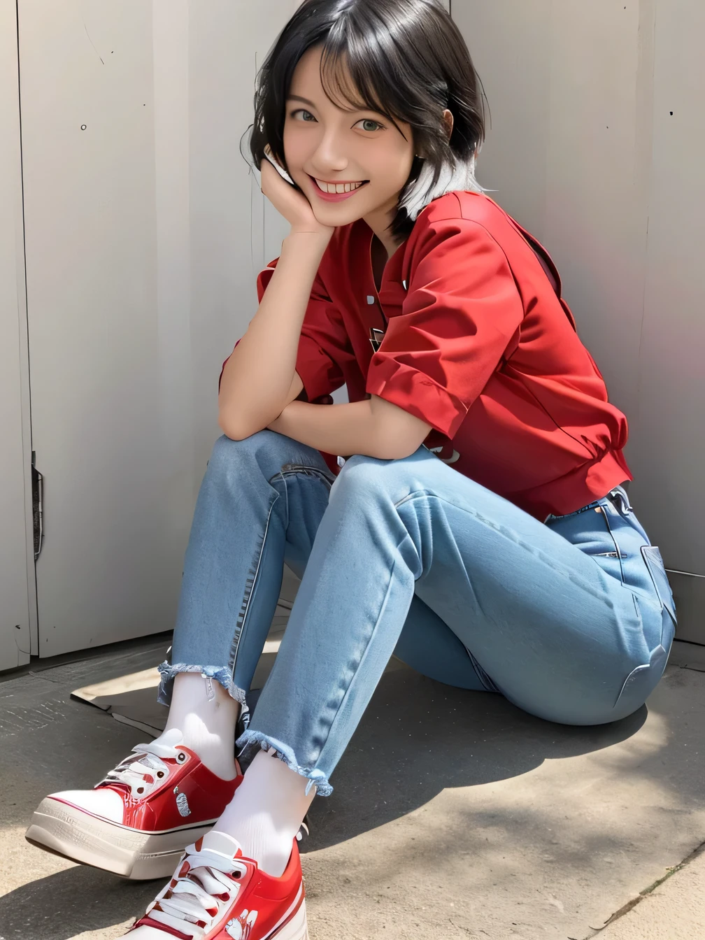 8k, Realistic, RAW Photos, highest quality:1.4), (Realistic face), (Black Hair、short hair、Beautiful Hairstyles、ear piercing、, smile、Beautiful teeth alignment、Beautiful little blue eyes, (Realistic skin texture), (Beautiful Skin),charm, Ultra-high resolution, Ultra-Realistic Skin, (Natural light)、Golden Ratio, ((smile)), ((full body shot)), (((Red trainer)))、((Skinny jeans、sneakers) Putting on socks、Sit on a chair 、Taking off your shoes and placing them next to you
