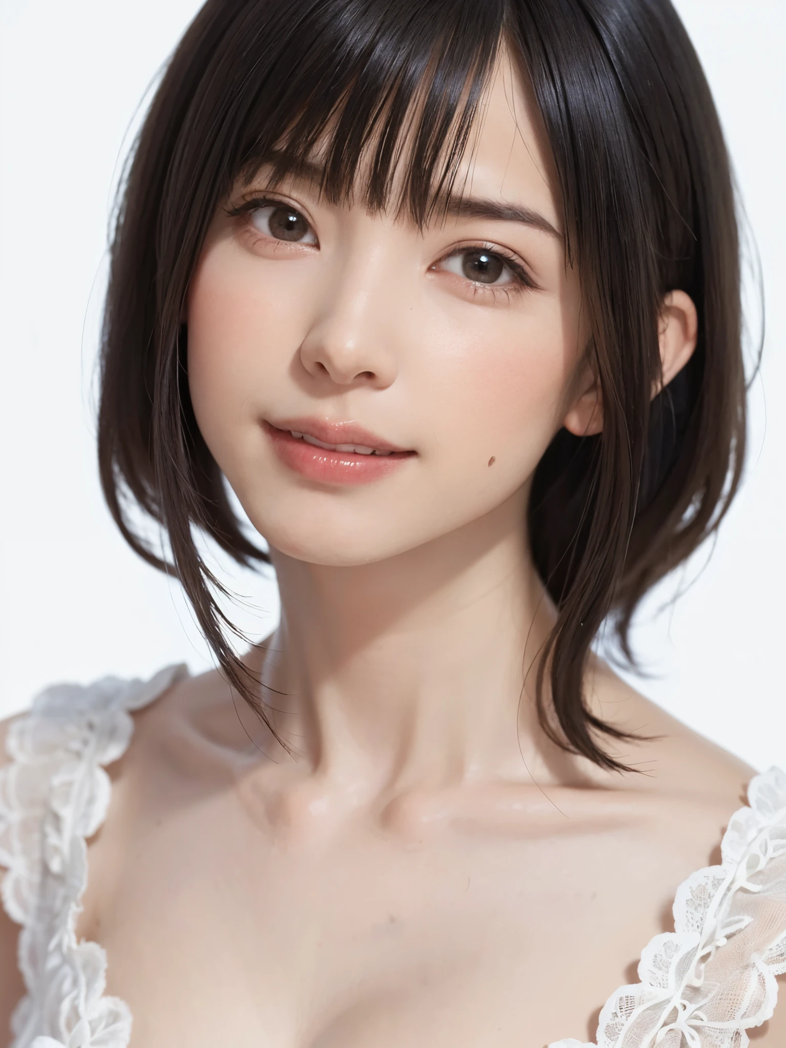 1 girl, alone, Shiny skin, chest, very detailed, ultra detailed, Ultra-high resolution, whole body, (フォトrealism:1.6、Put out your ears), (highest quality), (Best Shadow),realism:1.6 details, Perfect lighting, Black Hair, ((Showpiece, highest quality, High precision、Beautiful face in symmetry、golden ratio、Ultra high definition)), One Girl, (big chest, Realistic: 1.4), (look up at the camera even a little, カメラをlook up, look up, look up at the camera, Looking into the camera))), alone, , White Background, snow-White Background, shut up., smile, pretty Black Hair, short hair, Big eyes, Transparent double eyelids, eyelash, listen, Long neck, Long neck, Absolute area, ((Face close-up, short hair with bangs)), 19 years old, Attractive proportions, Shiny skin, Beautiful clavicle, Golden ratio face, Perfect Face, Teardrop-shaped mole, chestのほくろ, bangs, clean bangs, beautiful bangs, Lip gloss, Thin lips, White skin, I took off my clothes, big chest, Small face, Small face, 少し上を向いてLooking into the camera, ((smile a little for the camera, really nothing pure White Background, very big big chest, big chest))
