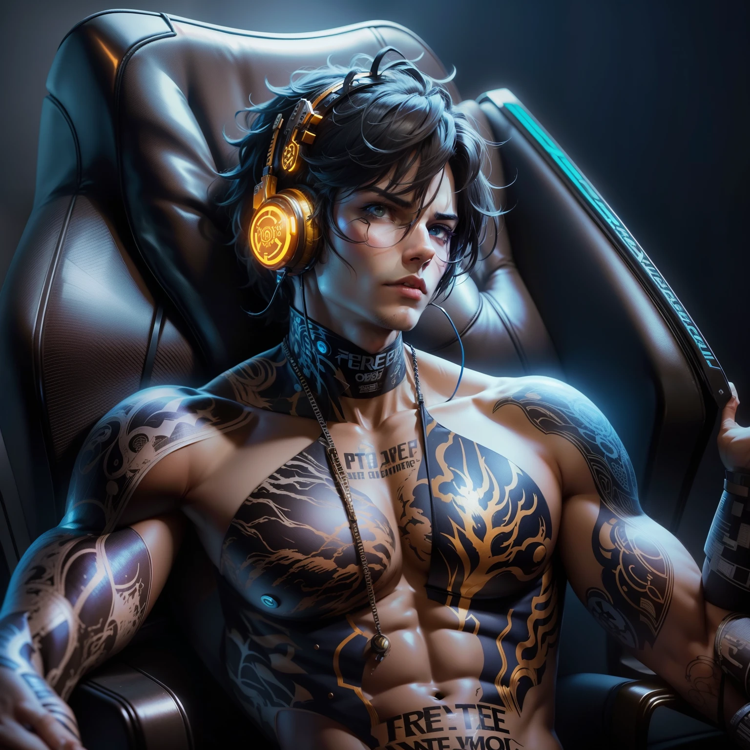 There's a man with headphones sitting in a chair, foto do perfil 1024px, badass anime 8 k, acionar estilo de arte de anime, jogo cg, Arte digital de anime cyberpunk, Anton Fadeev 8K, avatar de videogame, Heise Jinyao, Arte detalhada de alta qualidade em 8K, traje de chama cyberpunk, personagem do jogo de rastreamento