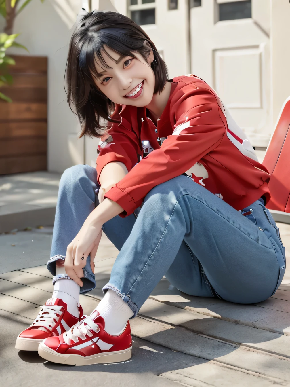 8k, Realistic, RAW Photos, highest quality:1.4), (Realistic face), (Black Hair、short hair、Beautiful Hairstyles、ear piercing、, smile、Beautiful teeth alignment、Beautiful little blue eyes, (Realistic skin texture), (Beautiful Skin),charm, Ultra-high resolution, Ultra-Realistic Skin, (Natural light)、Golden Ratio, ((smile)), ((full body shot)), (((Red trainer)))、((Skinny jeans、sneakers) Putting on socks、Sit on a chair 、Taking off your shoes and placing them next to you