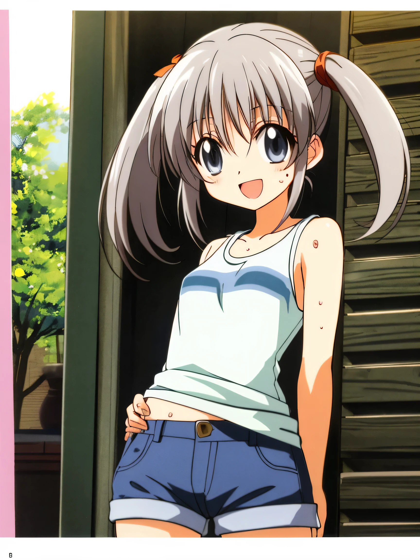 Silver Hair、Grey Eyes、Twin tails、、Flat Chest、Short、T-Shirts、Sweat、Clothes are see-through、Shoulder exposed、masterpiece、High resolution、highest quality、Detailed face、Anime Moe Art Style、abdomen、Belly button、Cowboy Shot、A big smile、Outdoor、healthy、Puffy nipples、hot pants、Shorts、Tie your clothes around your waist、anime best girl, cute anime girl