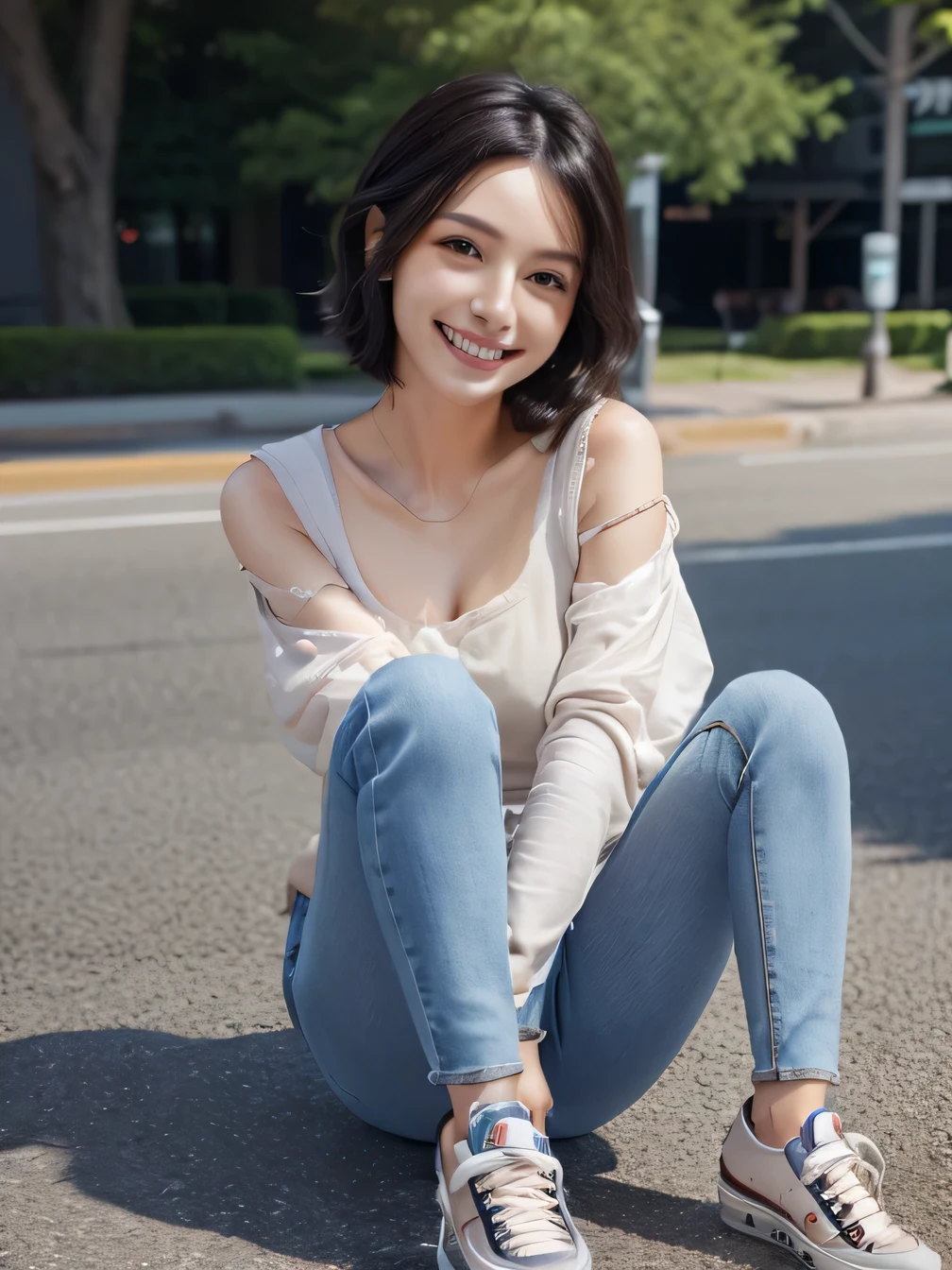 8k, Realistic, RAW Photos, highest quality:1.4), (Realistic face), (Black Hair、short hair、Beautiful Hairstyles、ear piercing、, smile、Beautiful teeth alignment、Beautiful little blue eyes, (Realistic skin texture), (Beautiful Skin),charm, Ultra-high resolution, Ultra-Realistic Skin, (Natural light)、Golden Ratio, ((smile)), ((full body shot)), (blouse、((Skinny jeans、sneakers)