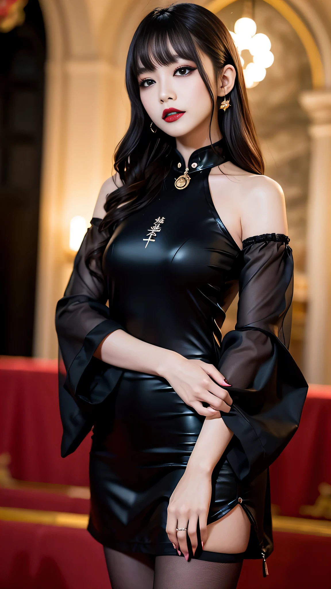 tra-detailed、Japanese、Attractive beauty、seductive adult woman、Pretty Woman、cool girl、brown hair、wavy hair、swept bangs、piercing eyes、hollow eyes、half-closed eyes、Hollow Eyes、Purple Eyeshadow、black lipstick、black lip gloss、dark makeup、smirk、Whisper in my ear、Evil expression、Long Black Cheongsam、Black wide sleeves、pantyhose、Evil cadres、Fallen into evil、brainwash、mind control、evil、Church at night、Swear allegiance、Have lipstick、Are standing