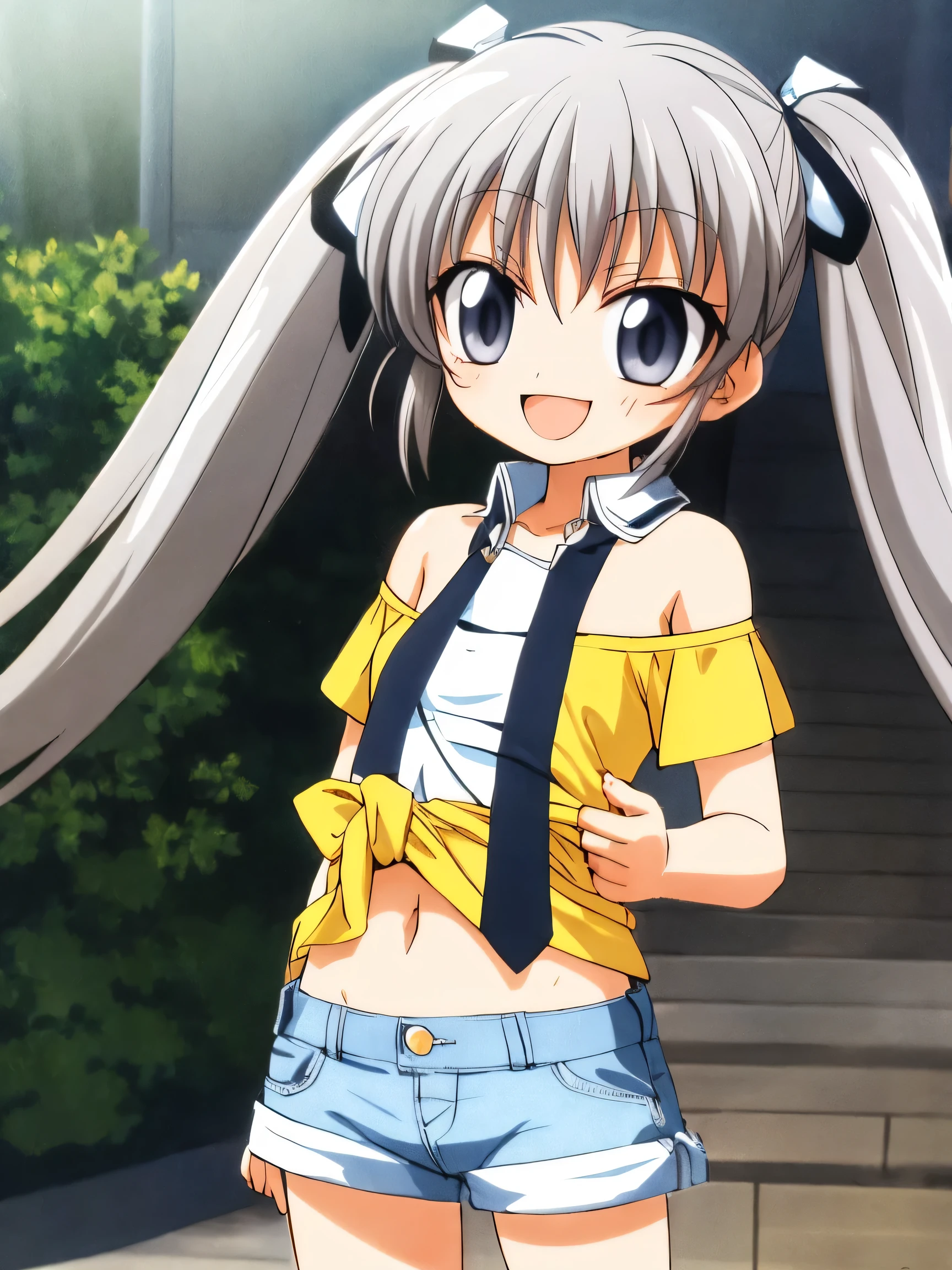 Silver Hair、Grey Eyes、Twin tails、、Flat Chest、Short、T-Shirts、Sweat、Clothes are see-through、Shoulder exposed、masterpiece、High resolution、highest quality、Detailed face、Anime Moe Art Style、abdomen、Belly button、Cowboy Shot、A big smile、Outdoor、healthy、Puffy nipples、hot pants、Shorts、Tie your clothes around your waist、anime best girl, cute anime girl