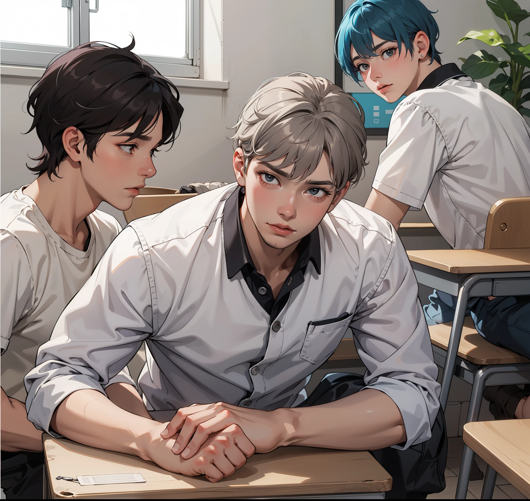 hay tres chicos uno de cabello gris triste deprimido confundido y sus amigos lo apoyan