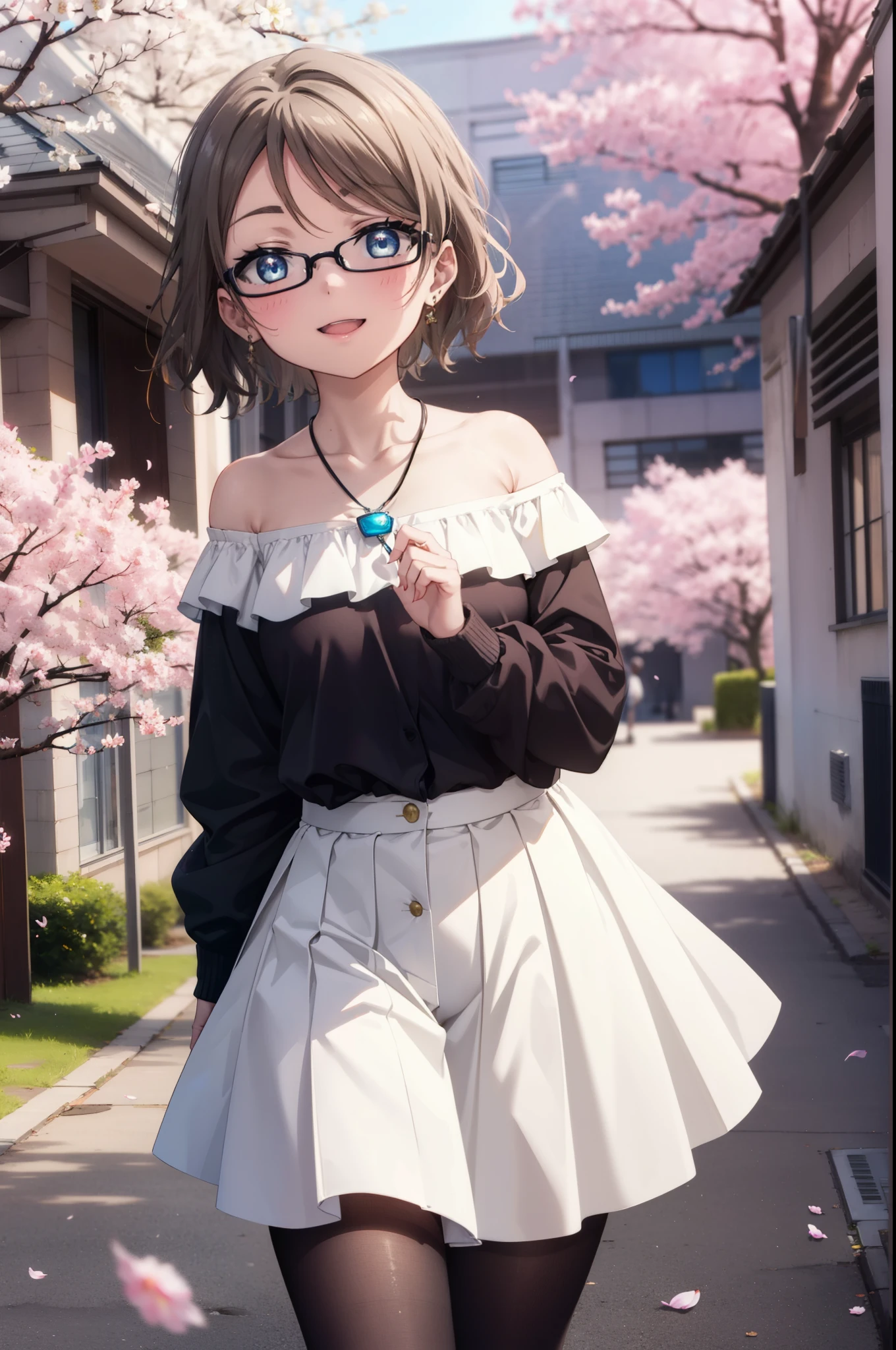 Yowatanabe, Watanabe Yo, short hair, blue eyes, brown hair, Black-rimmed glasses,hair band,Rocket Pendant,Off-the-shoulder sweater,Bare shoulders,Bare neck,bare clavicle,Long skirt,Black pantyhose,short boots,Cherry blossoms are blooming,Cherry blossoms are scattered,Cherry blossom tree-lined path,happy smile, smile, Open your mouth,whole bodyがイラストに入るように,walking,
break outdoors, School School building,
break looking at viewer, whole body,(Cowboy Shot:1.5),
break (masterpiece:1.2), highest quality, High resolution, unity 8k wallpaper, (figure:0.8), (Beautiful fine details:1.6), Highly detailed face, Perfect lighting, Highly detailed CG, (Perfect hands, Perfect Anatomy),