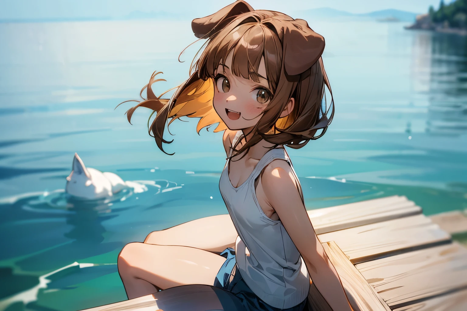 ((Masterpiece)), ((best quality)), (Anime:1.3), (RAW photo:1.2),(High Definition:1.3), (Professional Photography:1.4), ((12 years old)), 8K, Glossy skin, cinematic lighting, 1girl, wide-shot, (Knit fabric tank top), (Cute innocent teenage girl), slendar body, small breast, glossy medium hair, (loose blunt bangs), ((:3)), open mouth, fang out, looking up, (naughty smile), beautiful collarbones, (slightly exposed shoulders), (dog ears), pale brown hair, Hair that flutters in the wind, BREAK, ((best quality)), (sitting on Dubrovnik in Croatia), summerday,