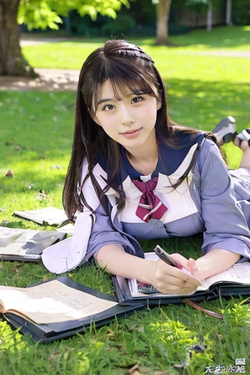 Arabian woman lying on the grass with a book, seifuku, High school girl posing, japanese , Japanese girls uniform, Lying on the ground, Cute school girl, Lying on the ground, Acquiring Japanese , Lying on the grass, Surreal , Lying in the field, Very large breasts , Young and cute gravure idol