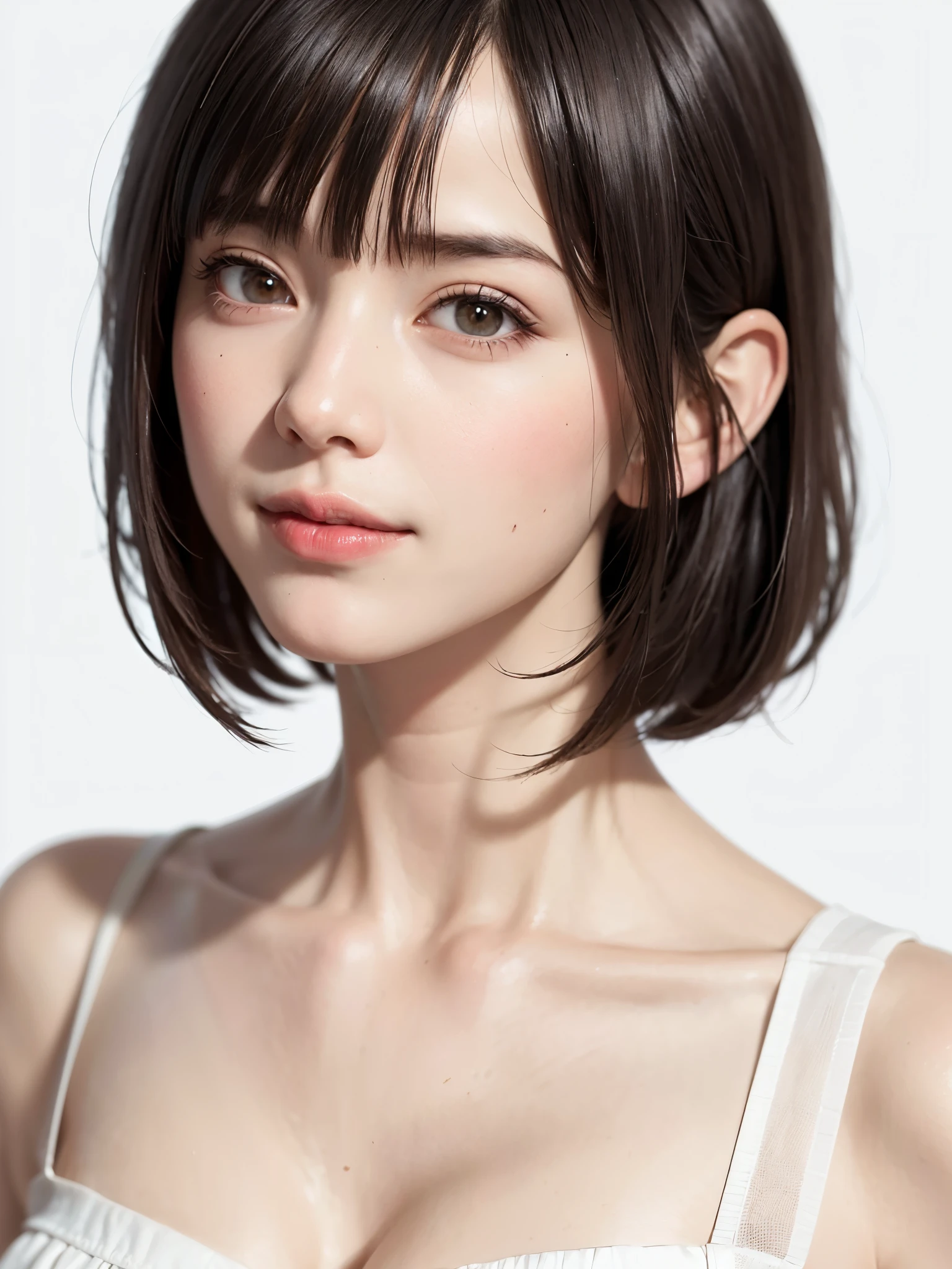 1 girl, alone, Shiny skin, chest, very detailed, ultra detailed, Ultra-high resolution, whole body, (フォトrealism:1.6、Put out your ears), (highest quality), (Best Shadow),realism:1.6 details, Perfect lighting, Black Hair, ((Showpiece, highest quality, High precision、Beautiful face in symmetry、golden ratio、Ultra high definition)), One Girl, (big chest, Realistic: 1.4), (look up at the camera even a little, カメラをlook up, look up, look up at the camera, Looking into the camera))), alone, , White Background, snow-White Background, shut up., smile, pretty Black Hair, short hair, Big eyes, Transparent double eyelids, eyelash, listen, Long neck, Long neck, Absolute area, ((Face close-up, short hair with bangs)), 19 years old, Attractive proportions, Shiny skin, Beautiful clavicle, Golden ratio face, Perfect Face, Teardrop-shaped mole, chestのほくろ, bangs, clean bangs, beautiful bangs, Lip gloss, Thin lips, White skin, I took off my clothes, big chest, Small face, Small face, 少し上を向いてLooking into the camera, ((smile a little for the camera, really nothing pure White Background, very big big chest, big chest))