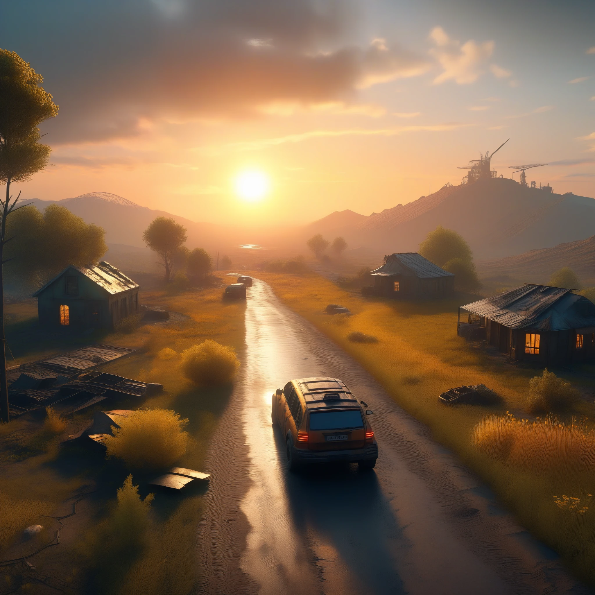 ((landscape)), bird's eye view, (((Post-apocalyptic fiction))), country road, decadant, retro future, lost technology, science fiction, loneliness, exposed to danger, wildlife, simple, return to nature, sunset, 32k, ((masterpiece, best quality, ultra-detailed, an extremely delicate and beautiful)), ((extremely detailed CG unity 8k wallpaper)), ((award winning, ccurate, UHD, textured skin, chromatic aberration, perfect anatomy, golden ratio)), (concept art), (exquisite attention to detail), ((perfect_composition, perfect_design, perfect_layout, perfect_detail, ultra_detailed)), ((aesthetic harmony))