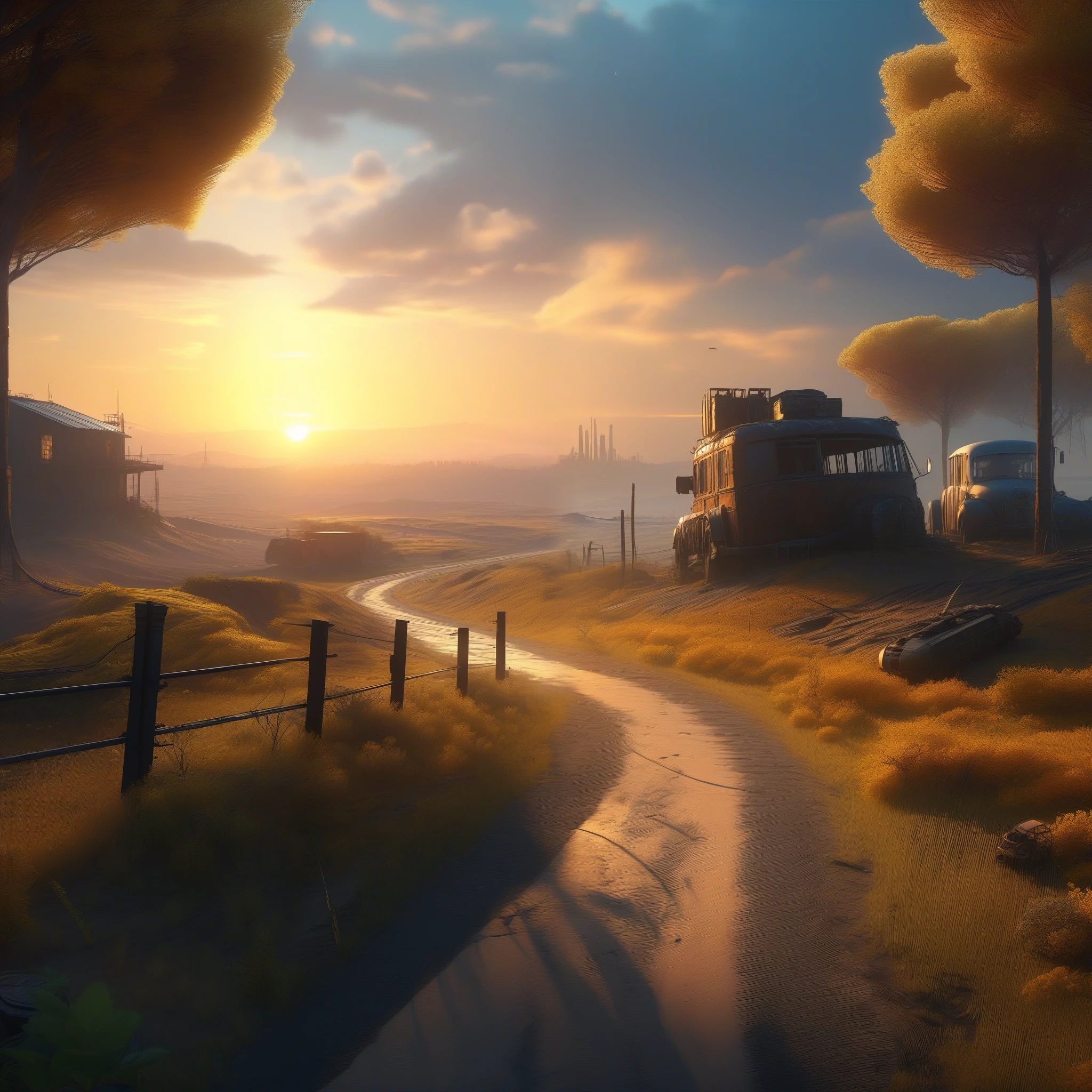 ((landscape)), bird's eye view, (((Post-apocalyptic fiction))), country road, decadant, retro future, lost technology, science fiction, loneliness, exposed to danger, wildlife, simple, return to nature, sunset, 32k, ((masterpiece, best quality, ultra-detailed, an extremely delicate and beautiful)), ((extremely detailed CG unity 8k wallpaper)), ((award winning, ccurate, UHD, textured skin, chromatic aberration, perfect anatomy, golden ratio)), (concept art), (exquisite attention to detail), ((perfect_composition, perfect_design, perfect_layout, perfect_detail, ultra_detailed)), ((aesthetic harmony))