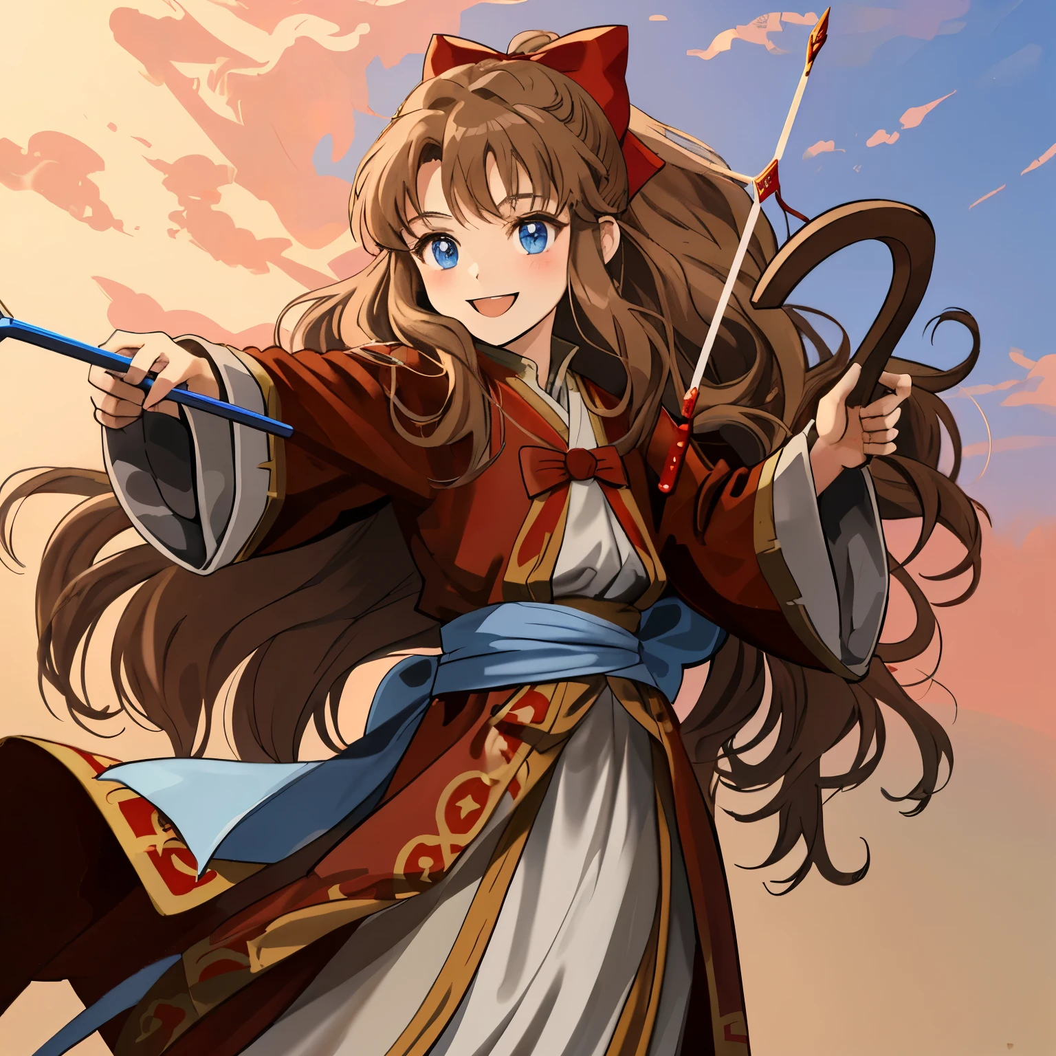 Ghibli style chibi girl with long brown curly hair in a medieval outfit of a European holy knight in a red robe without background in full length, Cool Look, Blue eyes, Cool, with bow and arrow, Cool ухмылка, evil smile, with bow and arrow