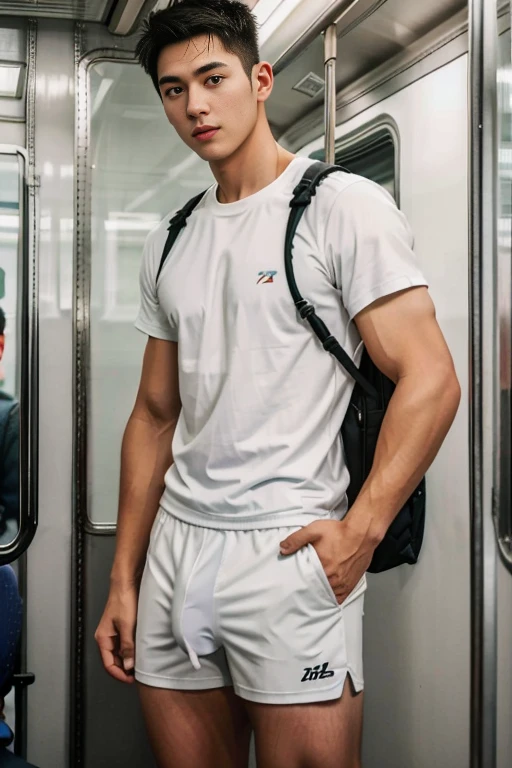 1 person，A 20-year-old man in the subway，Standing in a subway car，Ultra-flat head，White skinny sleeveless T-shirt，Wear yours with grey micro thin shorts，huge bulge,  leg apart，musculous，erection penis, Handsome，Look at your phone，Wear AirPods，Wear an Apple Watch，Sport backpack，white short socks，White sneakers，pervert smirk，exhilarated，full bodyesbian，Exposing thighs，Expose calves，Thick leg hair，In crowded subway cars，gentlesoftlighting，tmasterpiece，best qualtiy，8K  UHD，digital SLR camera，filmgrain，Fujifilm XT3 Realistic painting art，Written by Midjourney and Greg Rutkowski