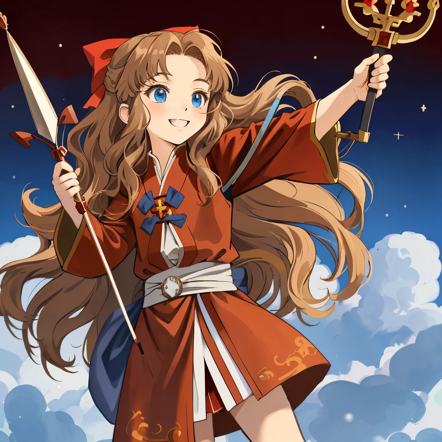 Ghibli style chibi girl with long brown curly hair in a medieval outfit of a European holy knight in a red robe without background in full length, Cool Look, Blue eyes, Cool, with bow and arrow, Cool ухмылка, evil smile, with bow and arrow