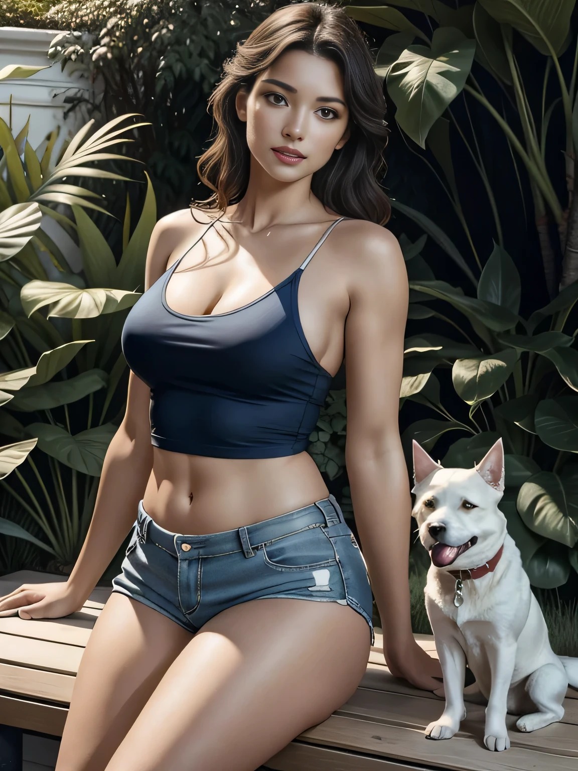 This image captures a woman playing with a white dog, with a plant in the background, photographed from the front, on a bench in a beautiful garden. She wears blue micro shorts and dark blue micro shorts, very short shorts that show off her athletic physique. The sunlight dances across her skin, highlighting her curves and giving the scene a dreamy look. Beautiful woman, extremely sexy, very sensual. Masterpiece: 1.3, high resolution, (photographically realistic), 8k, 8K, NUDE, NUDITY, NFSW