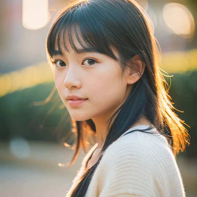 Generates an image of an attractive young girl with clear eyes and white Asian skin. (Portraiture, Realistic Style, outdoor setting, Soft lighting, high quality, Minimal noise, Warm colors, Impressionist brushwork, Art Station&#39;s influence, Modern Fashion, Wide-angle lens)