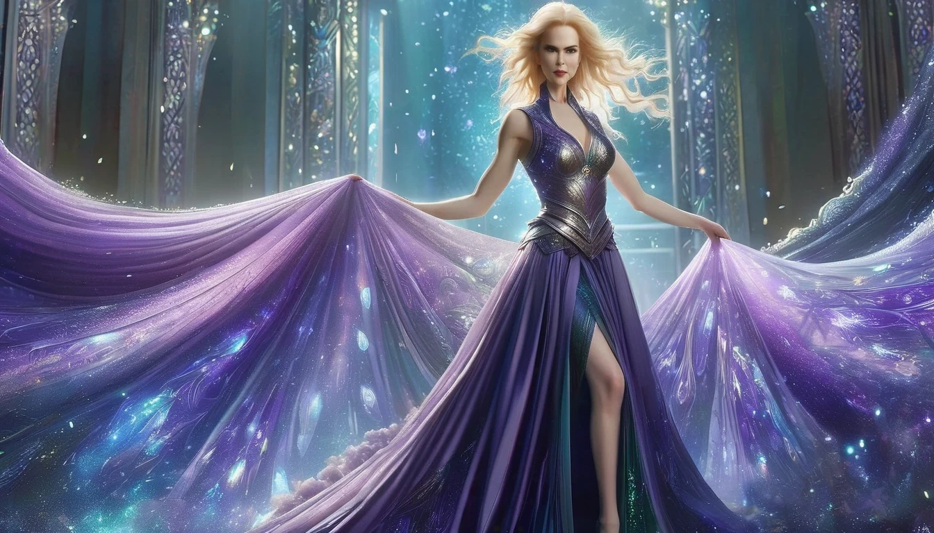 ((Nicole Kidman, (22 anos), de corpo inteiro), The skirt is long to the floor)), usando vestido longo Ametista, usando uma coroa e segurando uma espada, um anjo majestoso de corpo inteiro, uma linda maga celestial, inspirado em Lan Ying, uma fada de corpo inteiro, Mu Yanling, a rainha do mar, the mysterious Valkyrie Atlantis, Hirase Jinyao, inspirado em Ju Lian, modelo IG |Artgerm, like a mysterious Valkyrie.