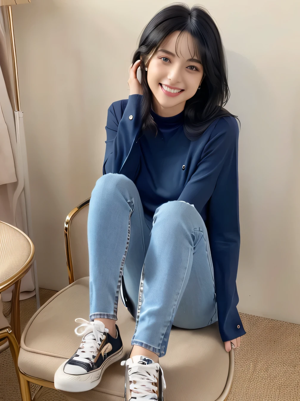 8k, Realistic, RAW Photos, highest quality:1.4), (Realistic face), (Black Hair、short hair、Beautiful Hairstyles、ear piercing、, smile、Beautiful teeth alignment、Beautiful little blue eyes, (Realistic skin texture), (Beautiful Skin),charm, Ultra-high resolution, Ultra-Realistic Skin, (Natural light)、Golden Ratio, ((smile)), ((full body shot)), Long sleeve(blouse、((Skinny jeans、sneakers)
、Sit on a chair