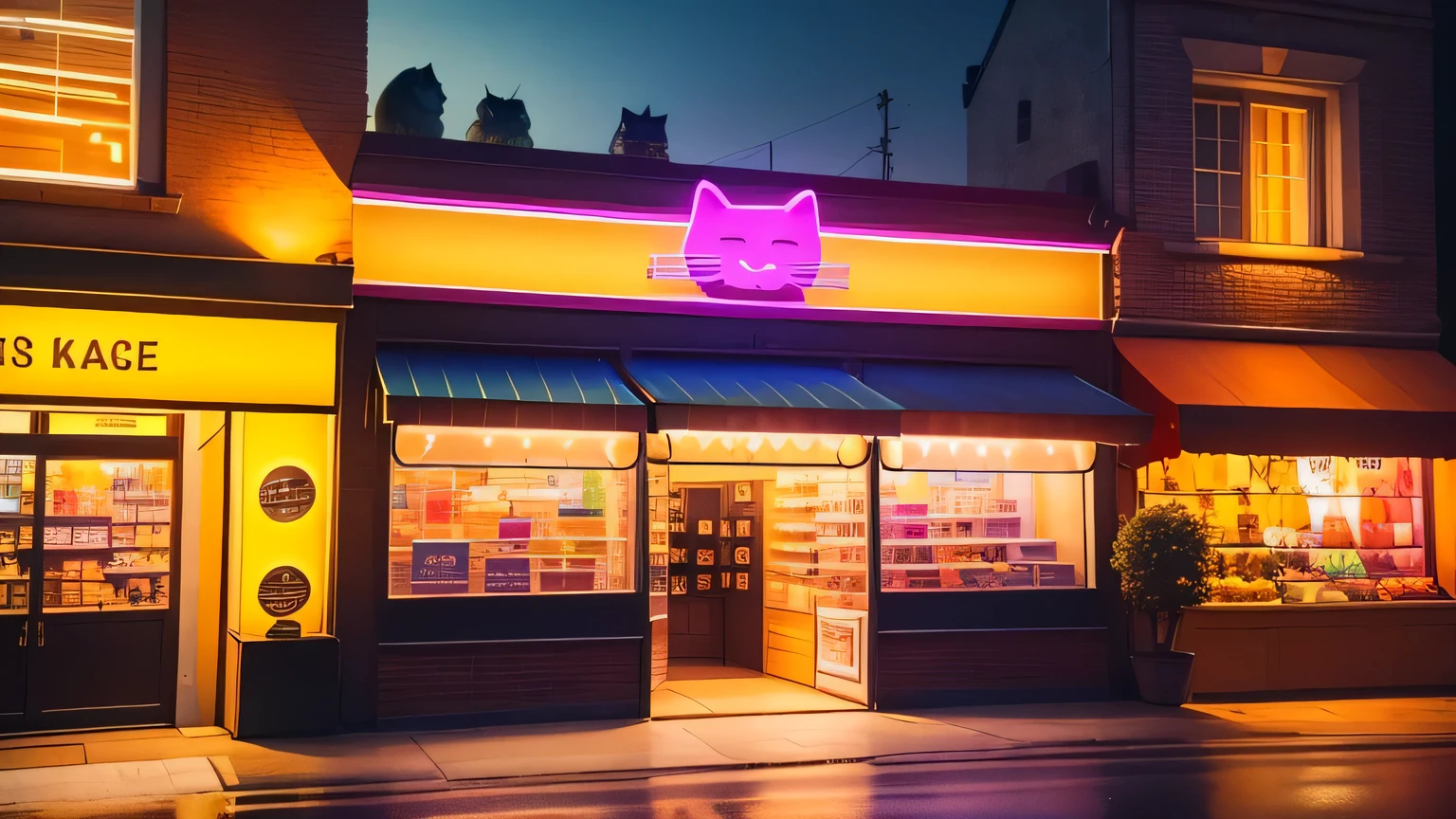 best quality,4k,8k,highres,masterpiece:1.2,front view of a store,very bright color, with a shiny cat face as a logo, neon light, night