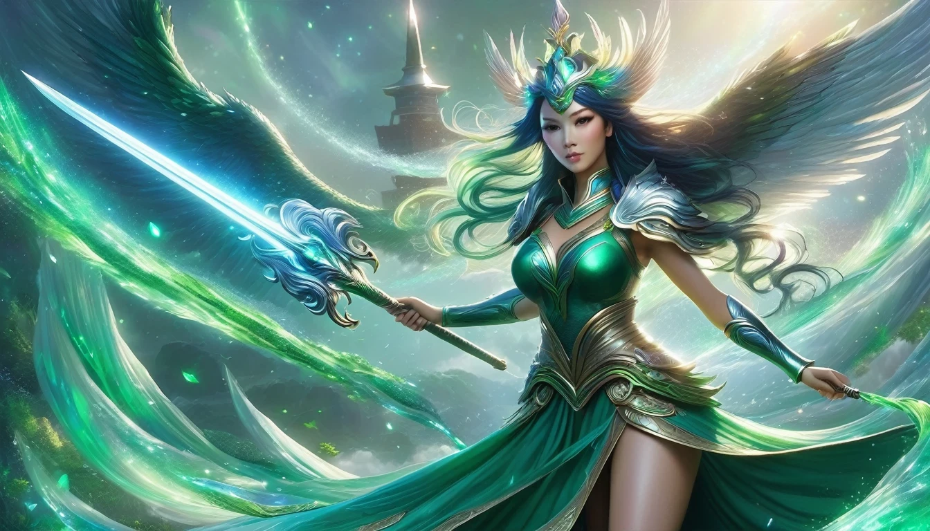 ((Rachel Welch, (22 anos), de corpo inteiro), The skirt is long to the floor)), usando vestido longo Verde, usando uma coroa e segurando uma espada, um anjo majestoso de corpo inteiro, uma linda maga celestial, inspirado em Lan Ying, uma fada de corpo inteiro, Mu Yanling, a rainha do mar, the mysterious Valkyrie Atlantis, Hirase Jinyao, inspirado em Ju Lian, modelo IG |Artgerm, like a mysterious Valkyrie.