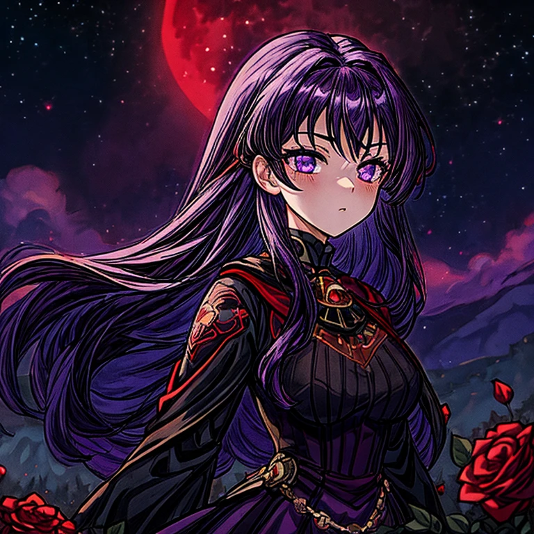 Masterpieces, high quality, anime, 2D, female, dark purple hair , purple eyes, red and black dress, cold face, the most pretty girl, starry night sky with big full moon background, field of red roses