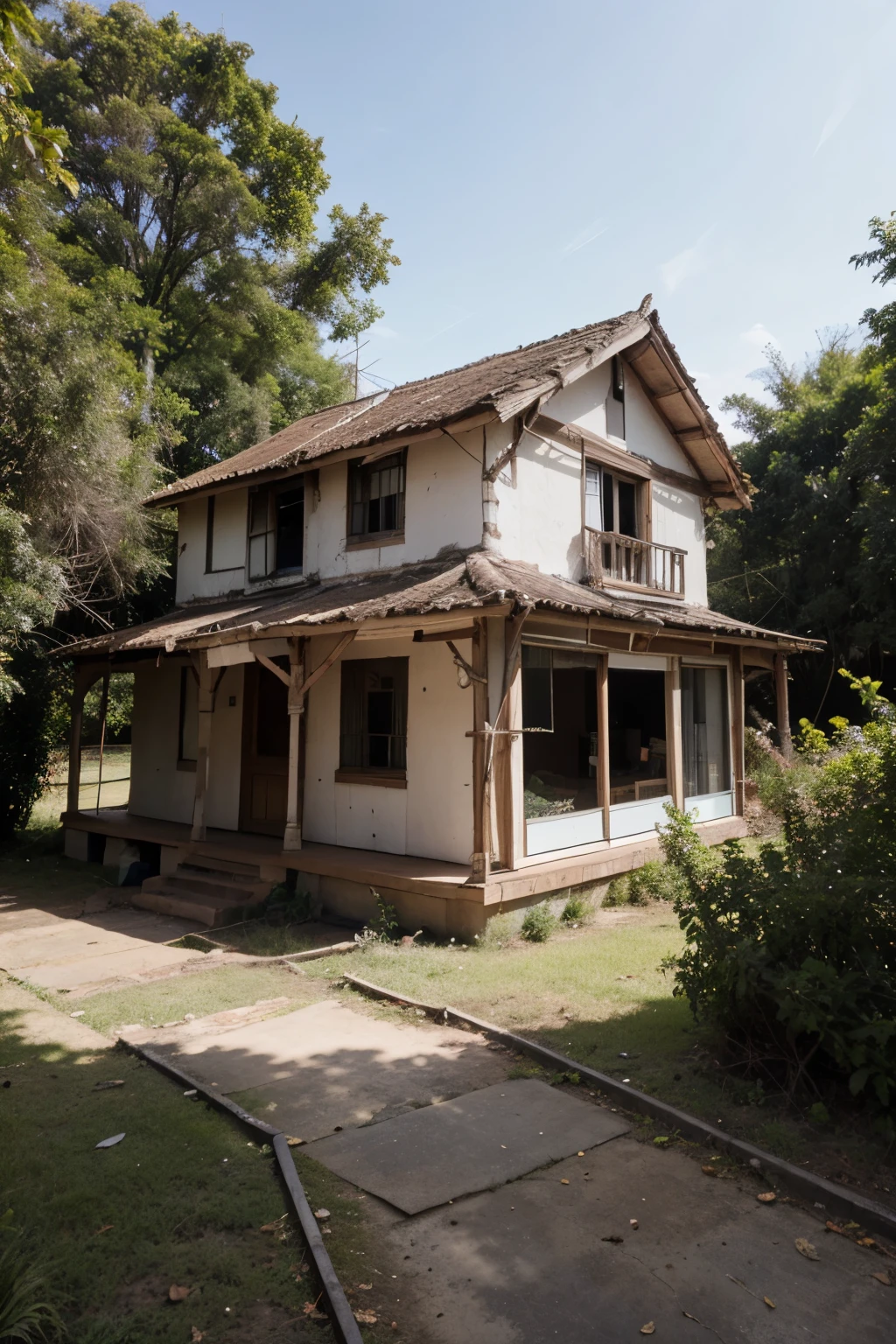 una casa  lujosa casi destruida abandonada colonial, en medio de la selva
