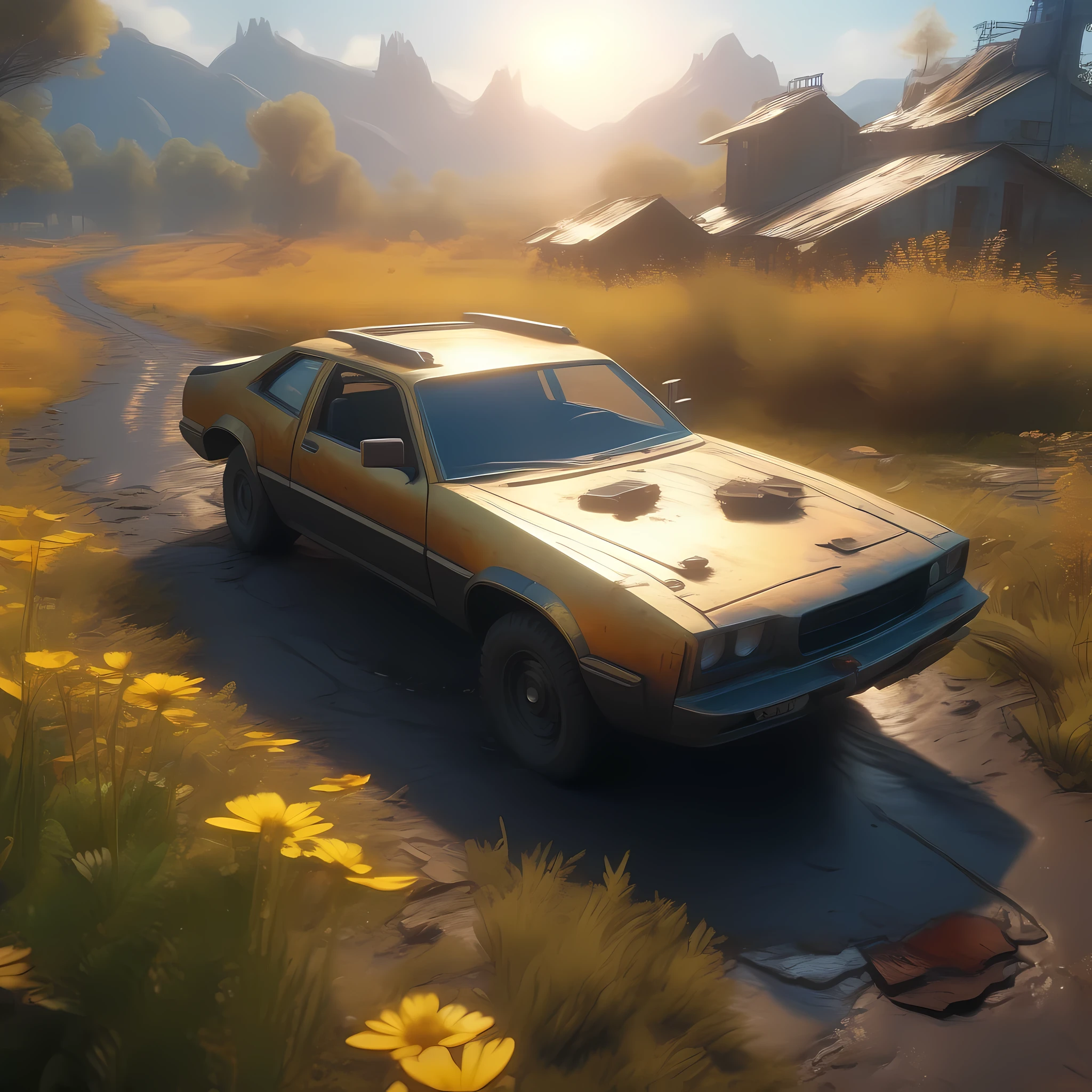 ((landscape)), bird's eye view, (((Post-apocalyptic fiction))), country road, decadant, retro future, lost technology, science fiction, loneliness, exposed to danger, wildlife, simple, return to nature, sunset, 32k, ((masterpiece, best quality, ultra-detailed, an extremely delicate and beautiful)), ((extremely detailed CG unity 8k wallpaper)), ((award winning, ccurate, UHD, textured skin, chromatic aberration, perfect anatomy, golden ratio)), (concept art), (exquisite attention to detail), ((perfect_composition, perfect_design, perfect_layout, perfect_detail, ultra_detailed)), ((aesthetic harmony))