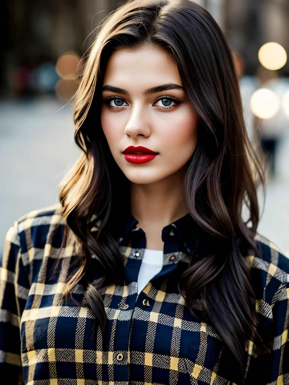 1 Girl, 18 years old, Solo, Model, Long hair, Huge, looking at viewer, full face, brunette, brown eyes, red lipstick, big lips, full body, detailed skin, goosebumps, on the street, realistic, AI sexy, plaid flannel shirt,
dark and mysterious cave with unique rock formations and hidden wonders, beautiful eyes, (candles, light shade), holder for 160 colors, shot on ARRI ALEXA 65