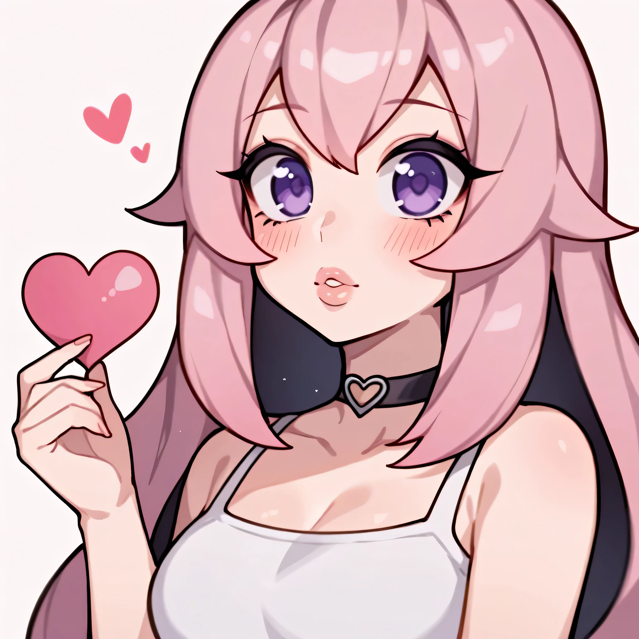 score_9, score_8_up, score_7_up, 1girl, (closeup), ((blush)), love, (((huge heart))), ((bug heart)), (((holding a huge heart))), hug, anime waifu, waifu, ((portrait)), illustration, ((2d)), ((curvy)), ((twitch emote)), (((cute face))), ((long hair)), bangs, black pink hair, ((black and pink hair)), ((black hair)), gorgeous purple eyes, big eyes, anime eyes, eyeliner, long lashes, soft and full lips, choker, jewelry, crop top, (Jelly Art Style:0.2), ((anime style:0.8)), (((white background))), twitch emote,