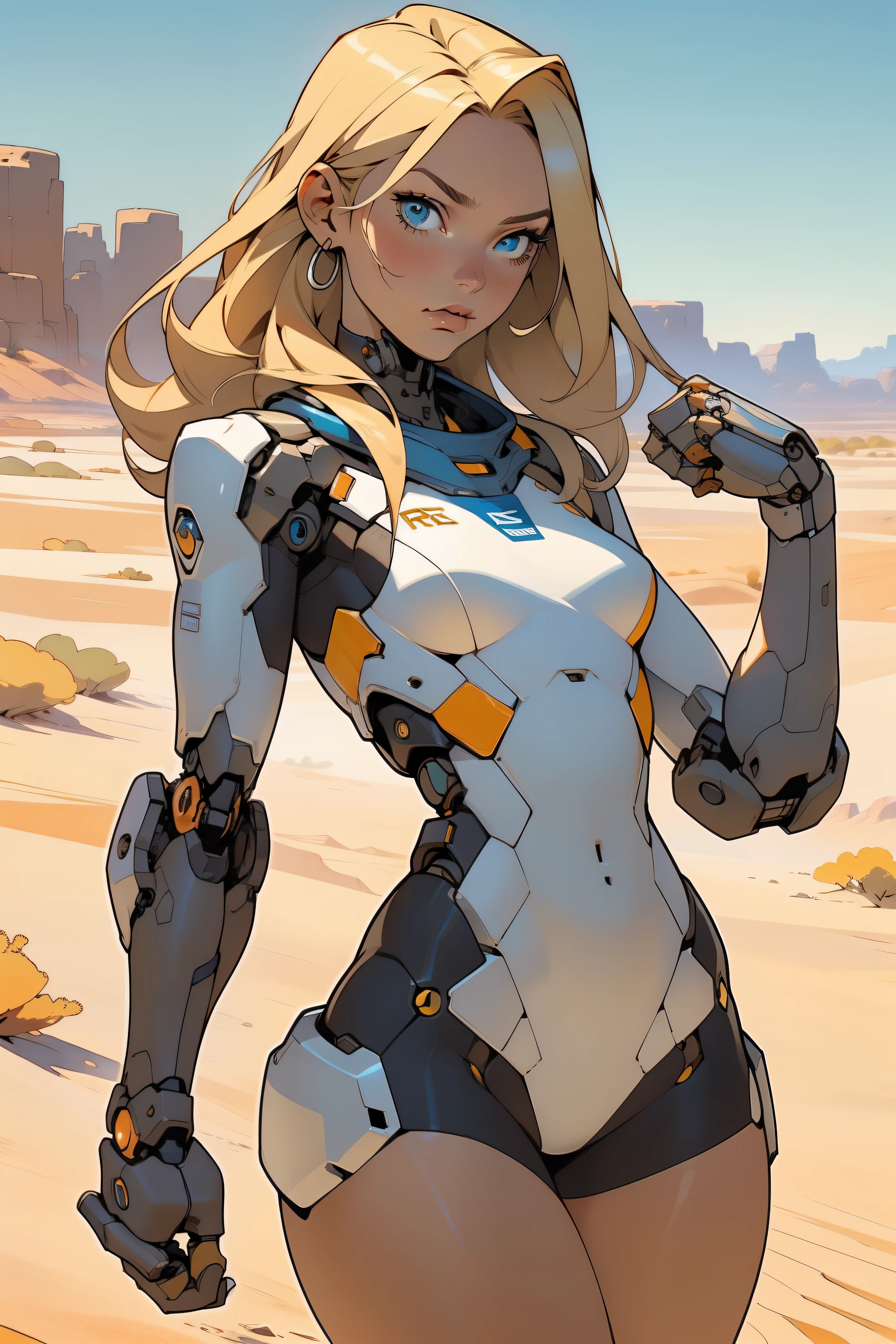 high quality, 4k, masterpiece, beautiful, cyborg girl, cowboy shot, blue eyes, front, looking at viewer, long blonde hair, girl, small breasts, fit thighs, robotic arms, robotic body, cyborg body, white & yellow uniform, orange accent, intricate detail, joint, detailed lines, robotic detail, holding fist up, holding hand up as fist, color robotic parts, robotic parts with color, perfect fingers, on a desert planet, sunny background, colorful desert, a river or a lake in the background, slender thighs, skinny thighs,